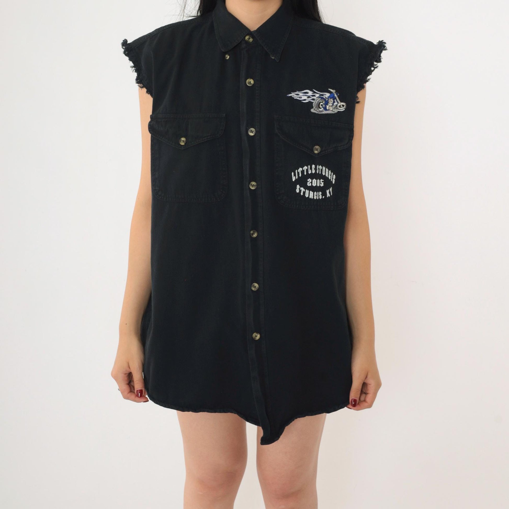00s Little Sturgis Kentucky Sleeveless Button-Up Biker Shirt Black Large