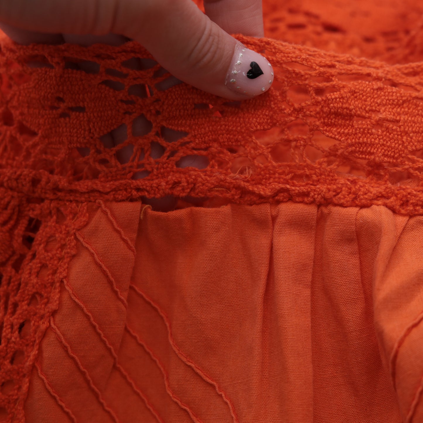 90s Orange Mexican Blouse Bell Sleeve Crochet Lace Tunic Medium