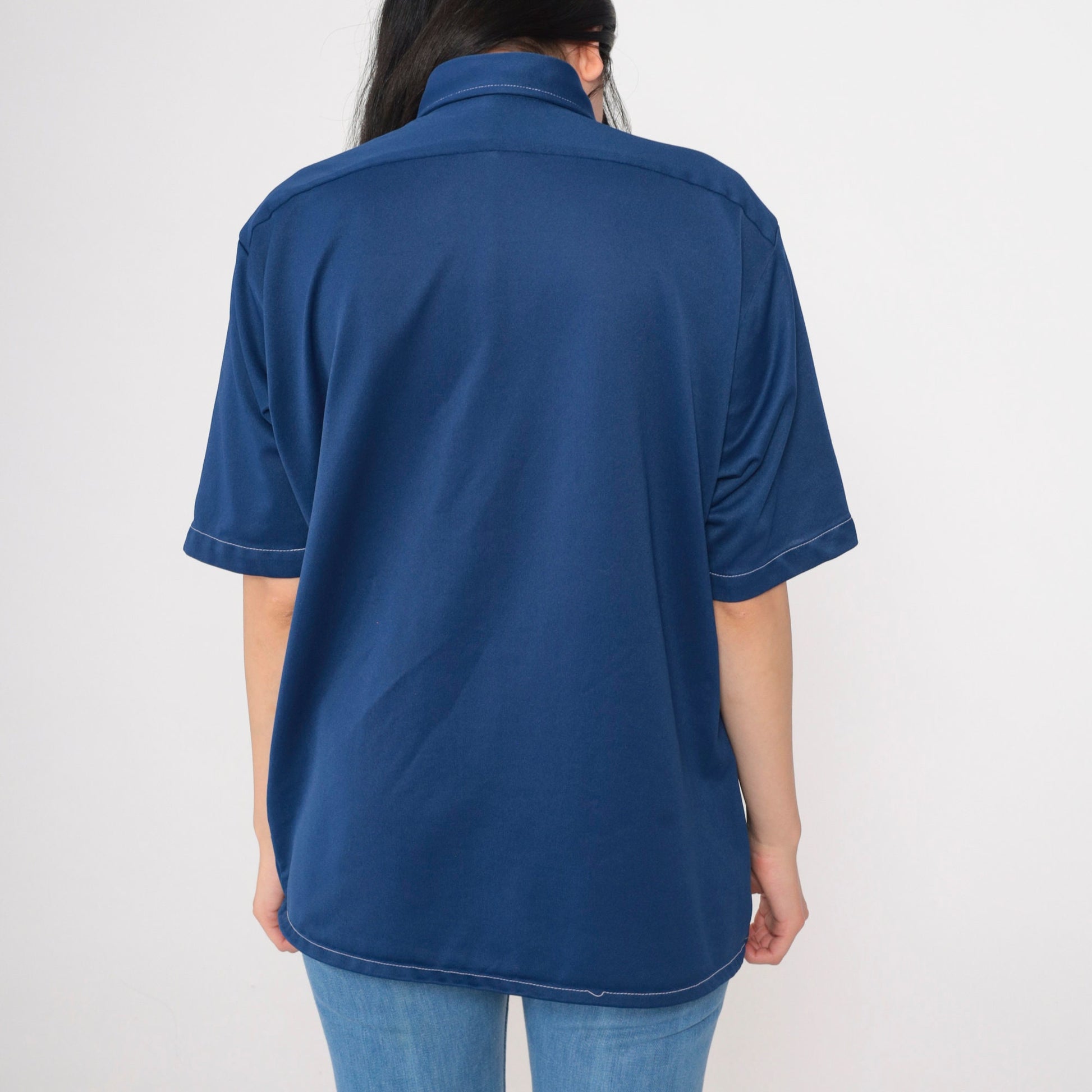 70s Arrow Doubler Navy Oxford Button-Up Shirt Dagger Collar Short Sleeve Large
