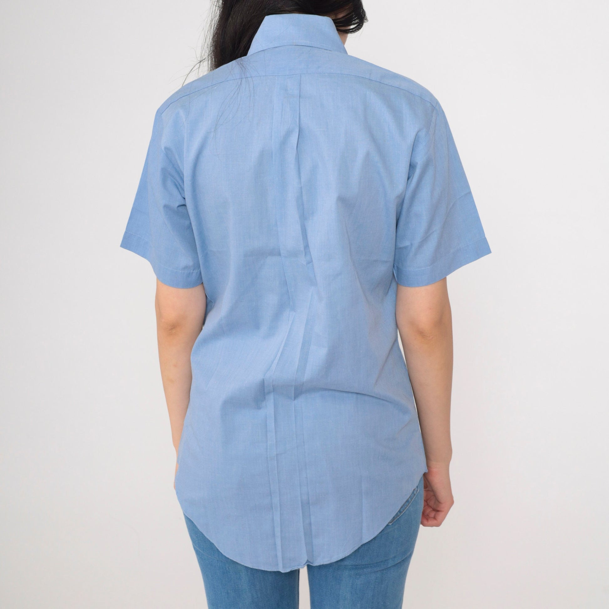 70s Fleetline Chambray Button-Up Shirt Blue Dagger Collar Short Sleeve Small