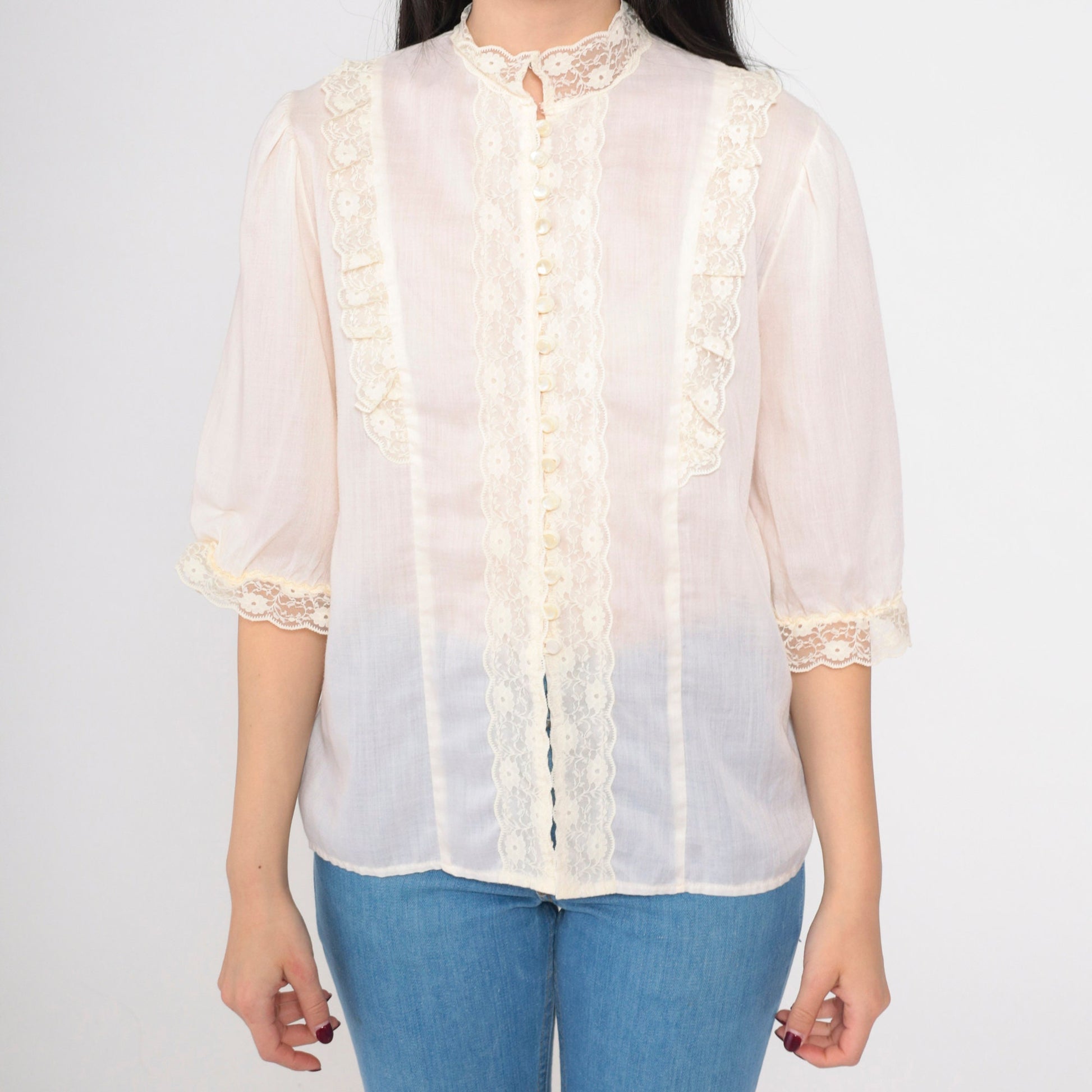 70s Sheer Ivory Lace Blouse Puff Sleeve Pearl Button Up Medium