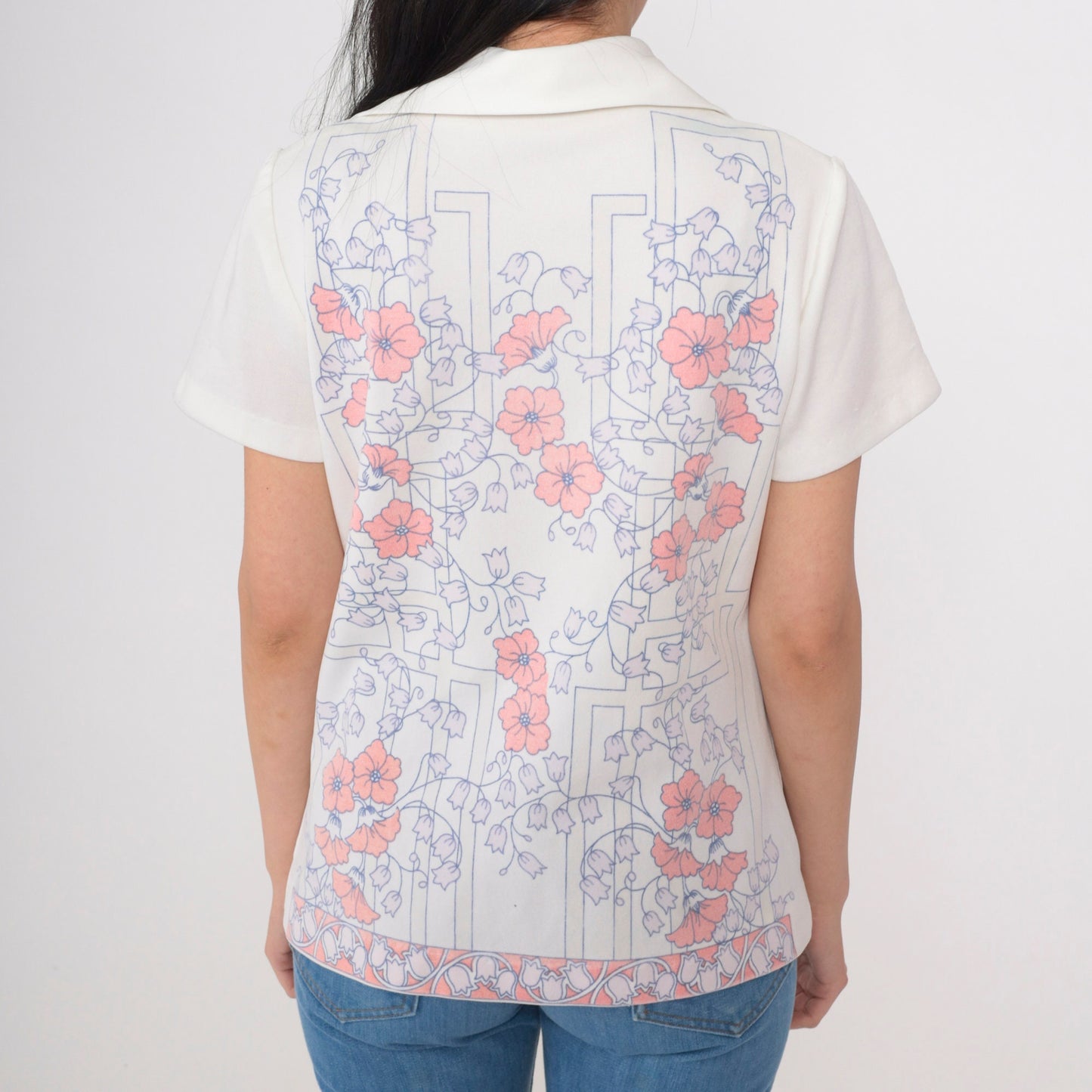 70s Floral Button-Up Blouse White Dagger Collar Short Sleeve Medium