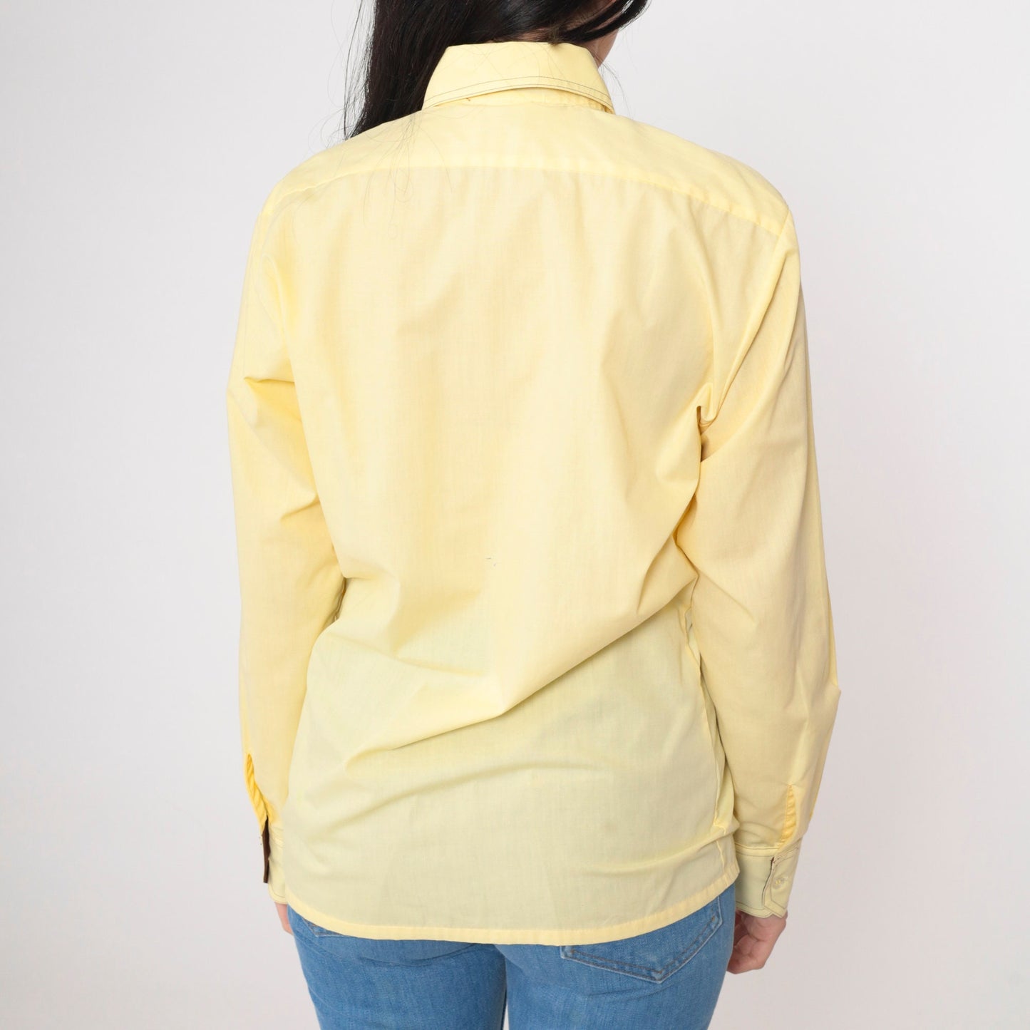 70s Yellow Dagger Collar Button-Up Shirt Topstitched Long Sleeve Medium