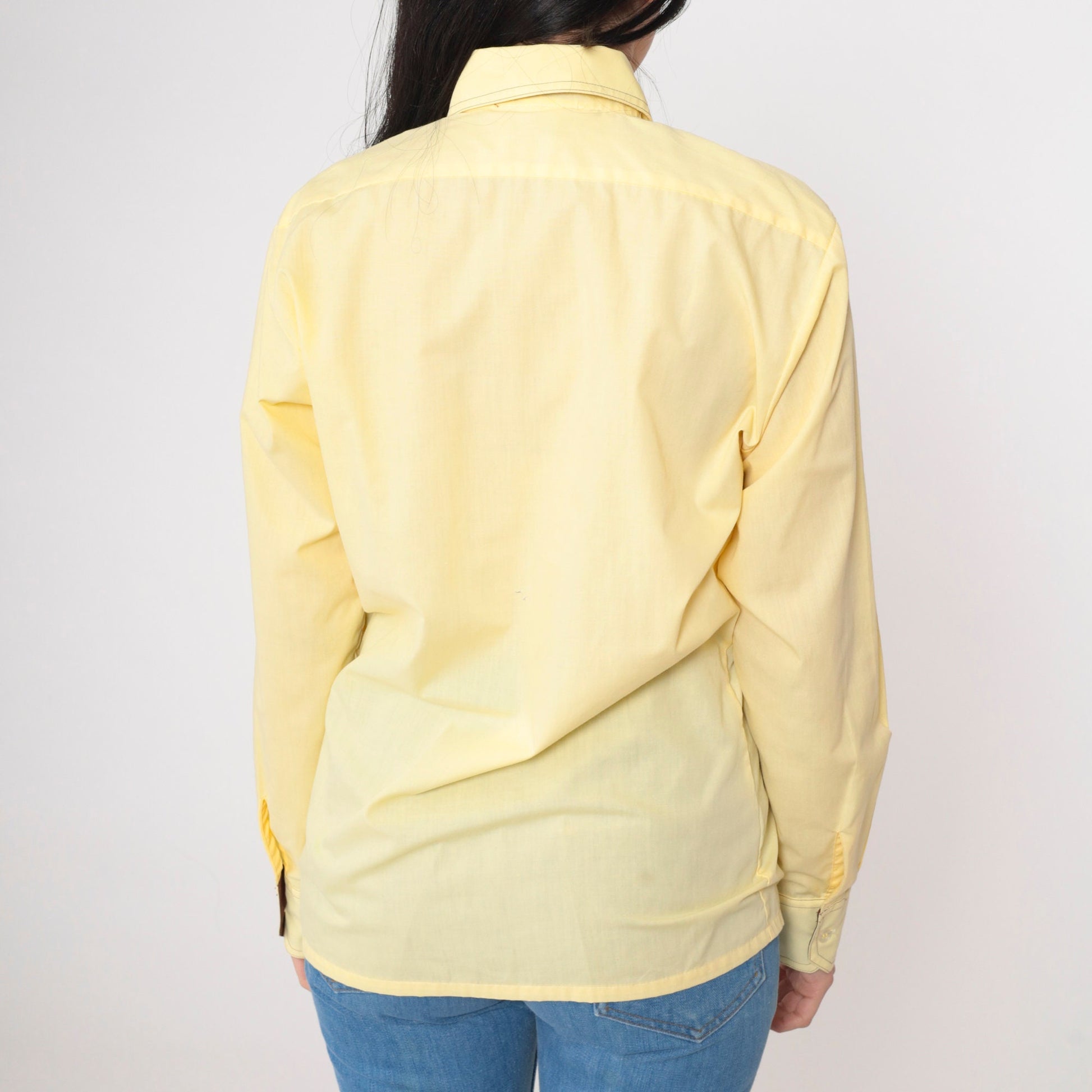 70s Yellow Dagger Collar Button-Up Shirt Topstitched Long Sleeve Medium