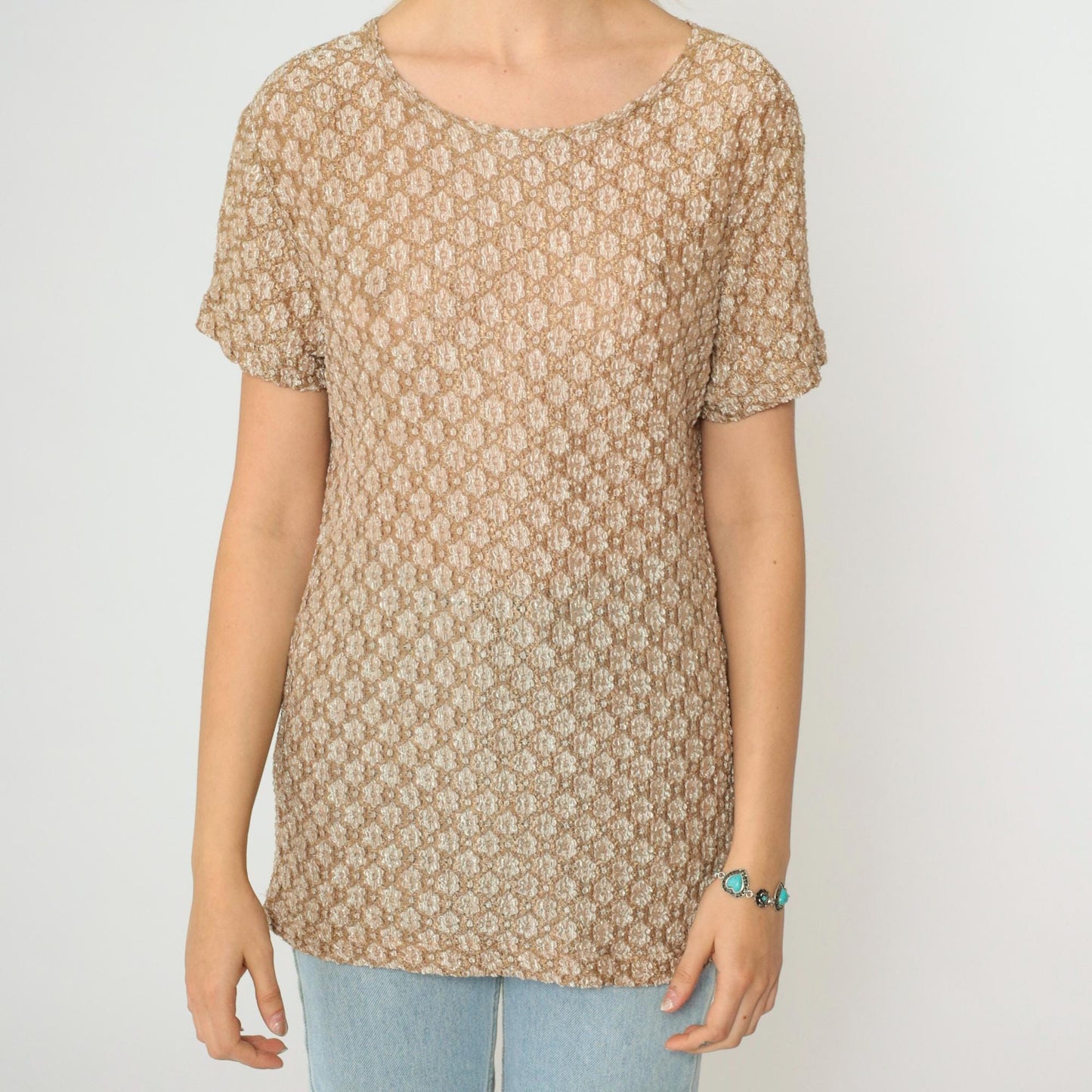 90s Clio Floral Lace Blouse Tan Short Sleeve Scoop Neck Medium