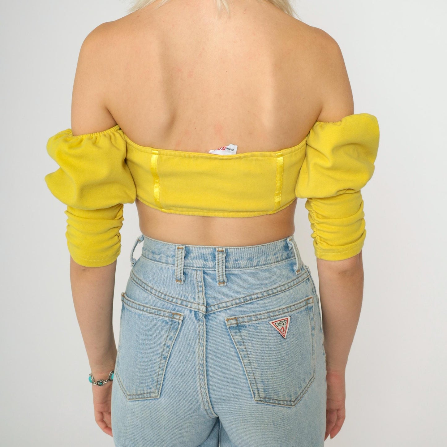 Y2K Yellow Off-Shoulder Crop Top Puff Sleeve Hook Front Extra Small