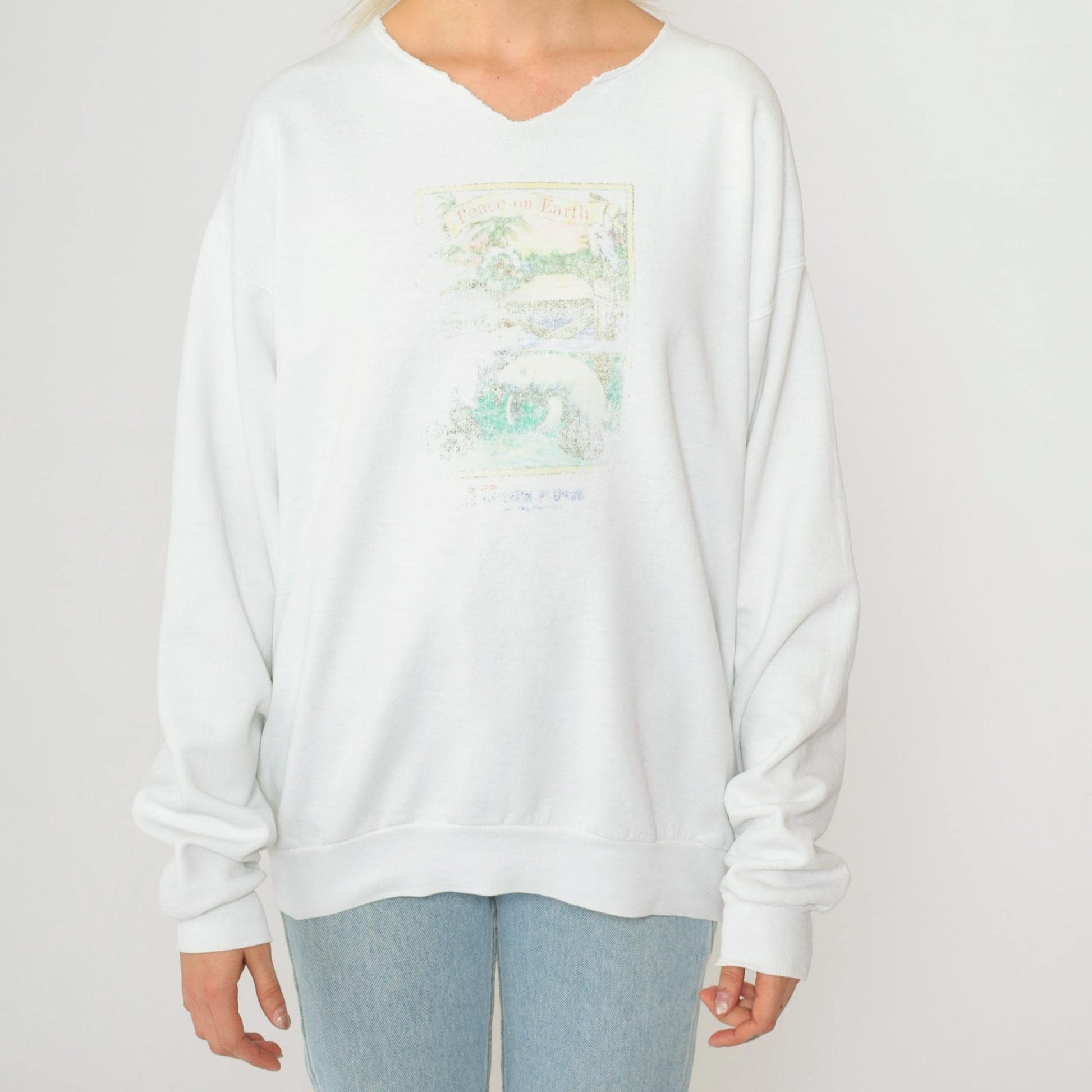 90s Peace on Earth Manatee Beach Christmas Sweatshirt White Cutoff Medium
