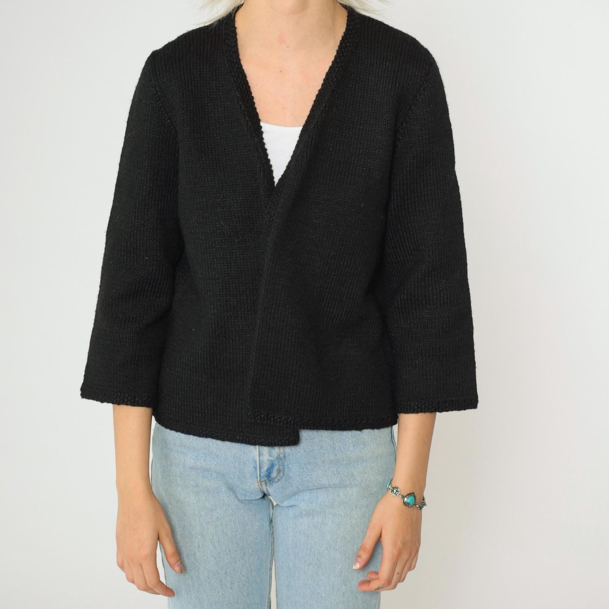 60s Black Wool Cardigan 3/4 Sleeve Open Front Knit Sweater Small