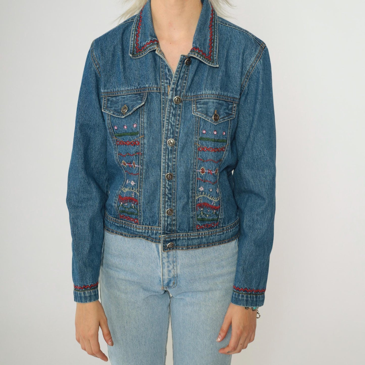 00s New Identity Denim Jacket Geometric Embroidery Blue Jean Jacket Small