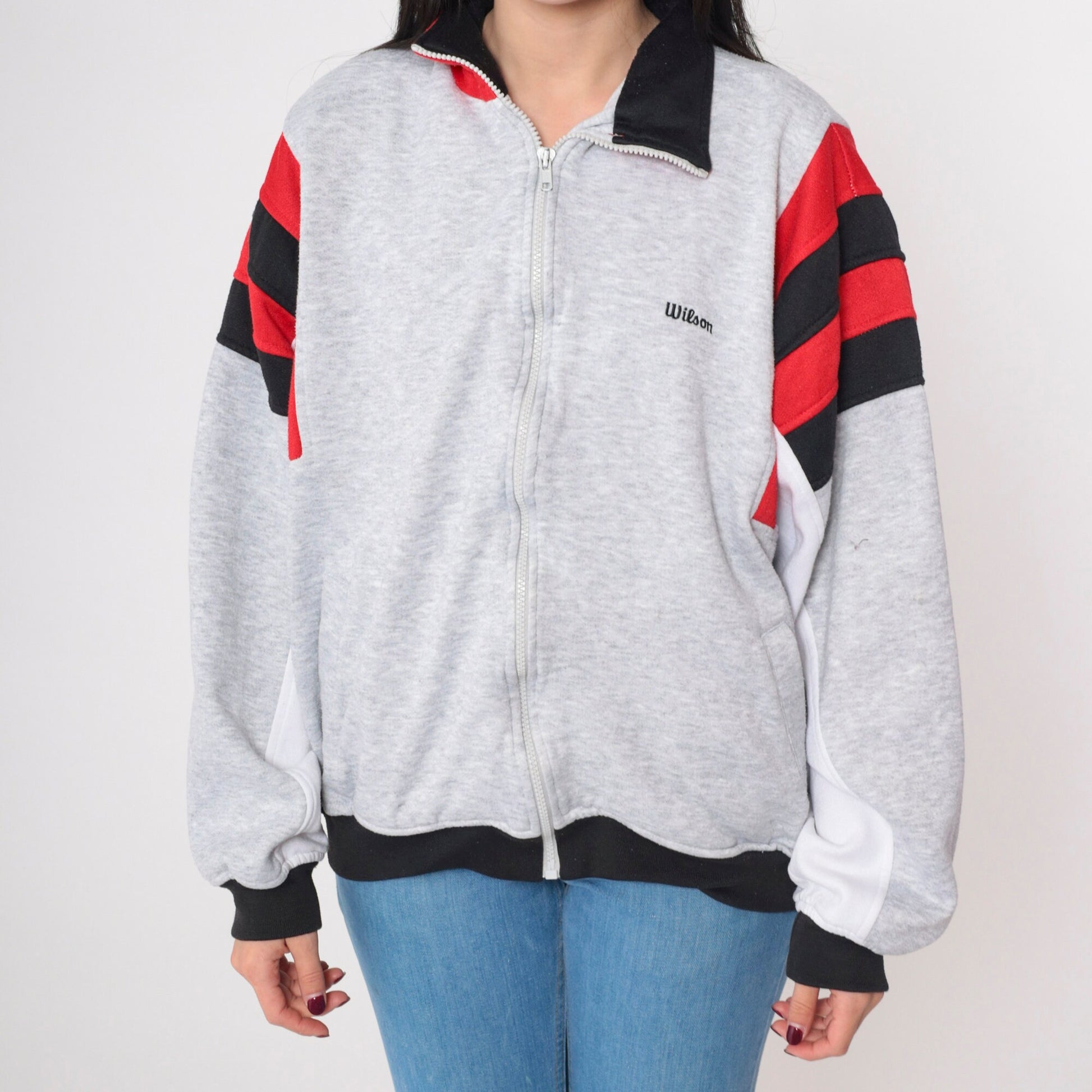 80s Wilson Track Jacket Grey Red Black Striped Zip Up Extra Large XL