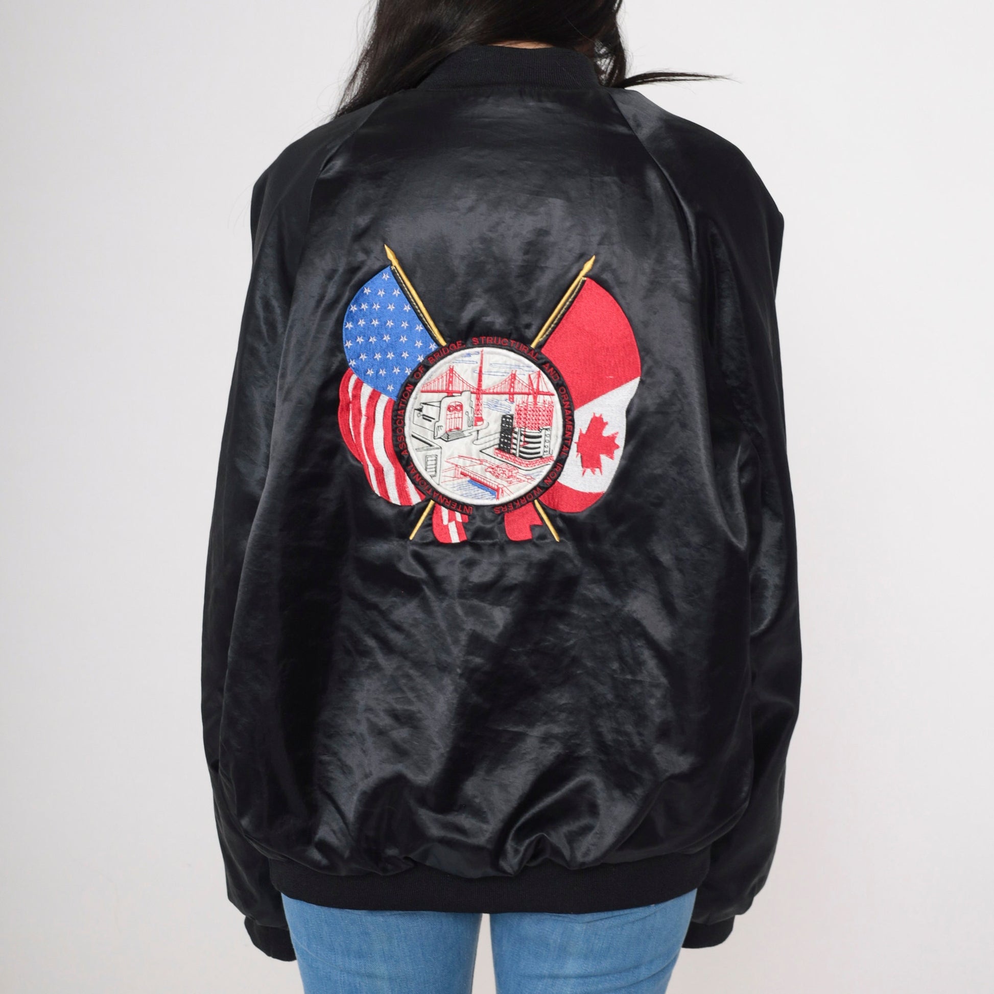 90s AFL-CIO Iron Workers Union Satin Bomber Jacket Black XXL