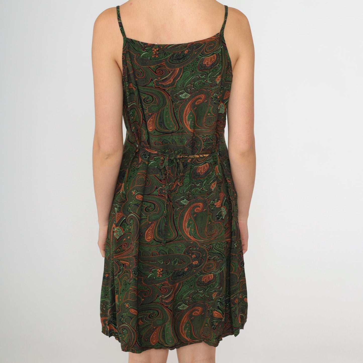 90s Paisley Print Mini Sundress Green Orange Spaghetti Strap Keyhole Medium