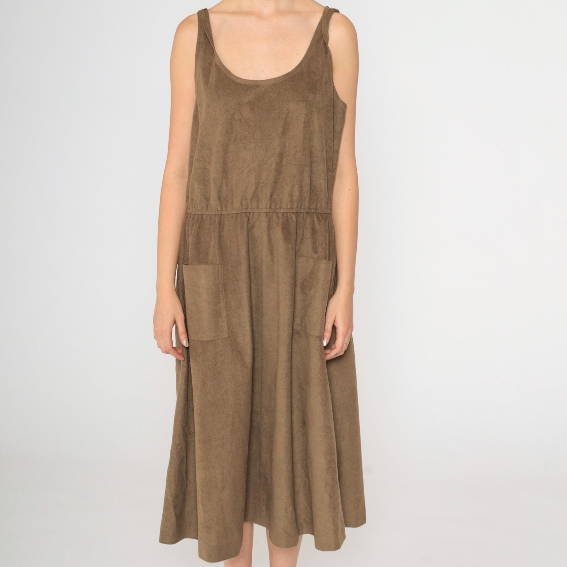 80s Brown Faux Suede Midi Dress Sleeveless Scoop Neck High Waist Medium Large