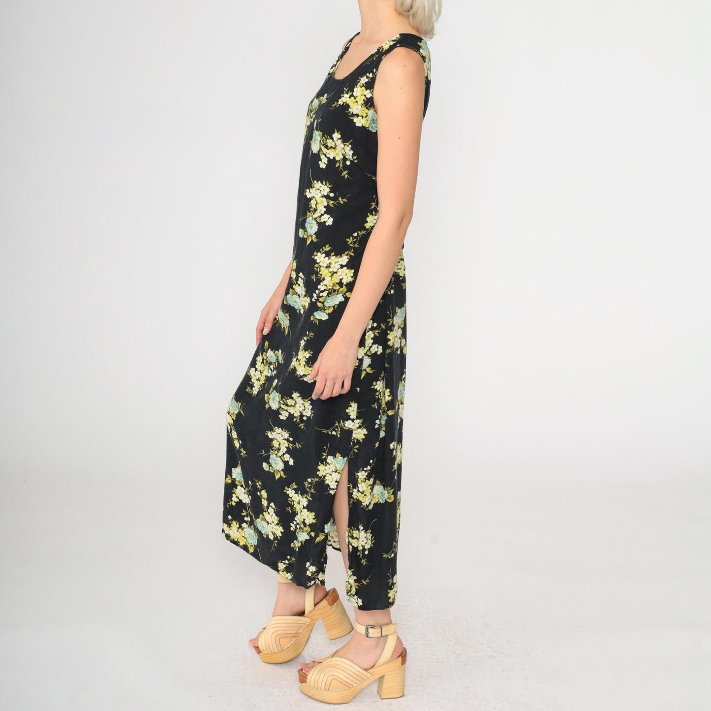 90s R&K Originals Black Floral Rayon Dress Sleeveless Ankle Length Medium