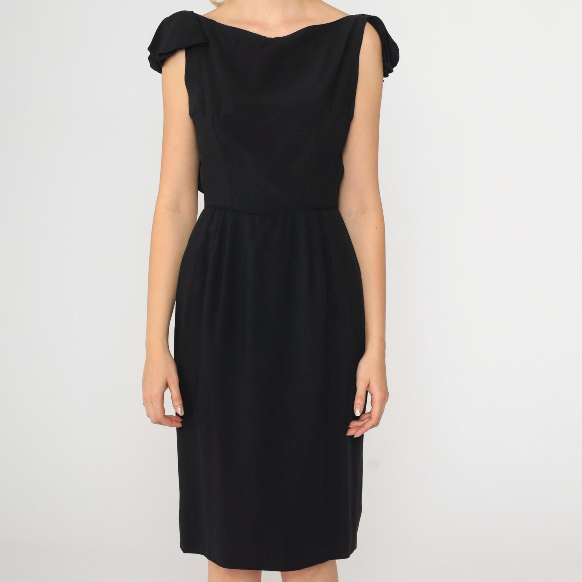 1960s Black Sheath Dress Ruffle Open Back Pencil Knee Length Small