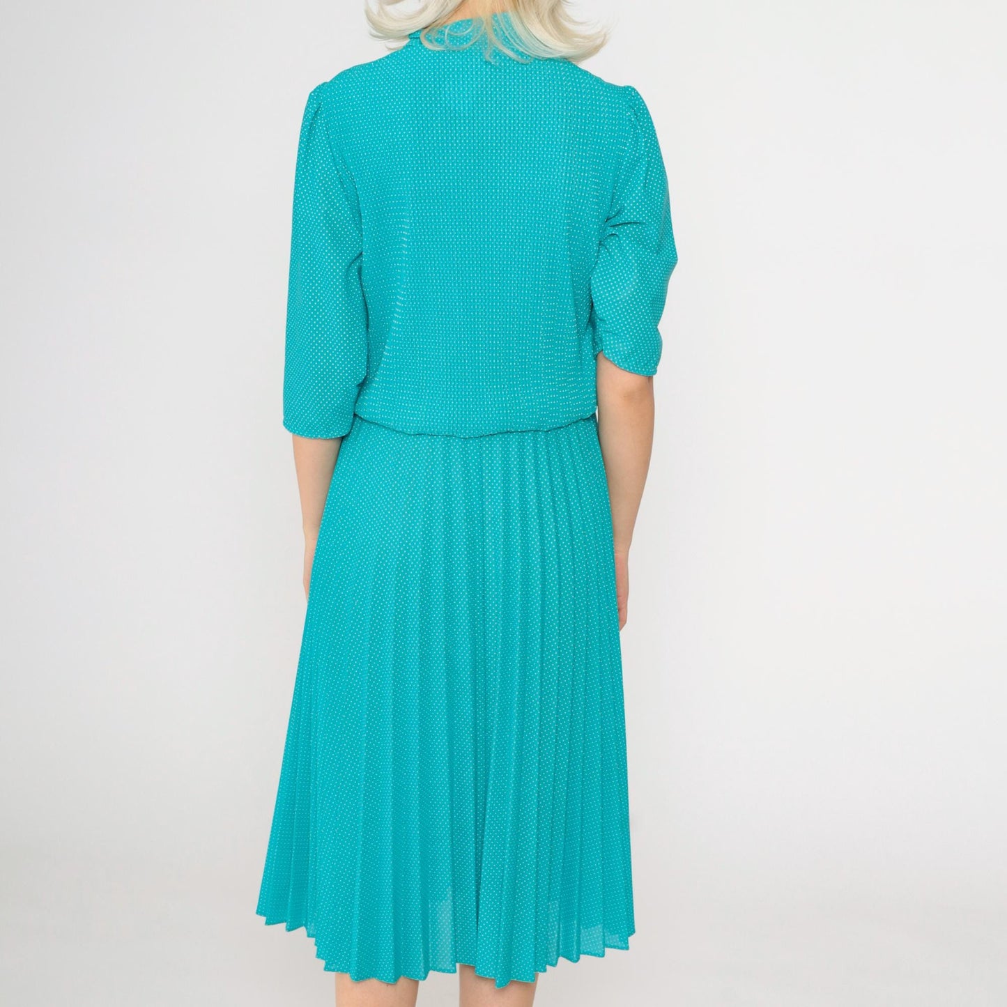 70s Turquoise Polka Dot Midi Dress Ascot Bow High Waist Pleated Small Medium