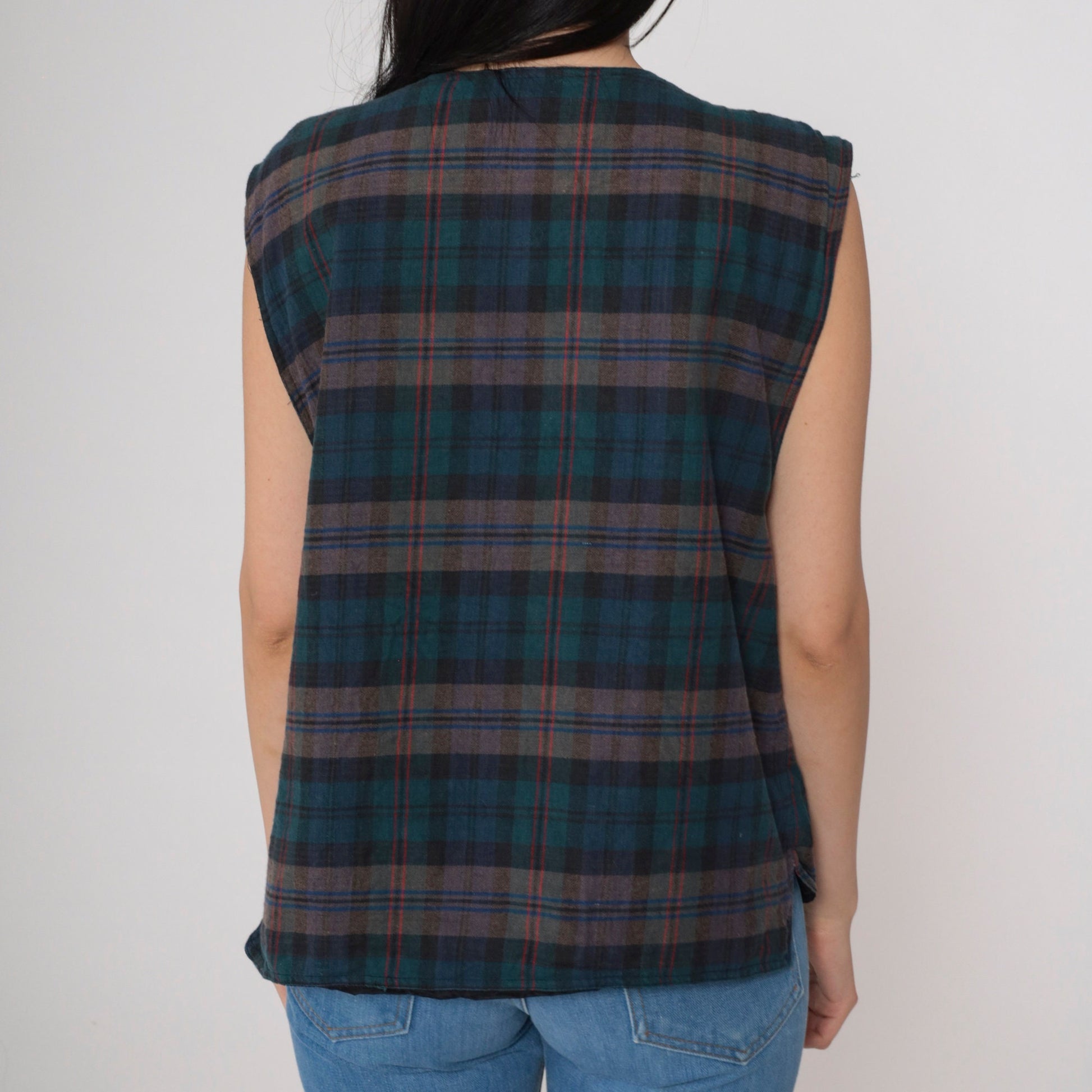 90s Plaid Vest Blue Green Checkered Button Front Sleeveless Medium