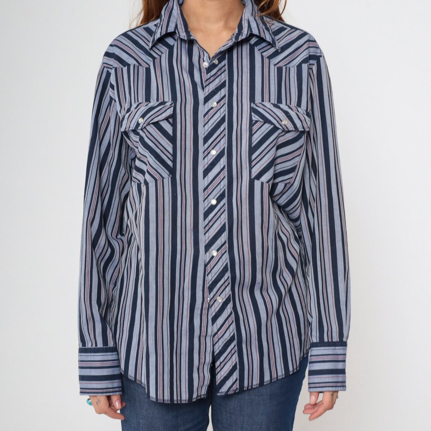 90s Wrangler Pearl Snap Western Shirt Striped Navy Red Long Sleeve Large
