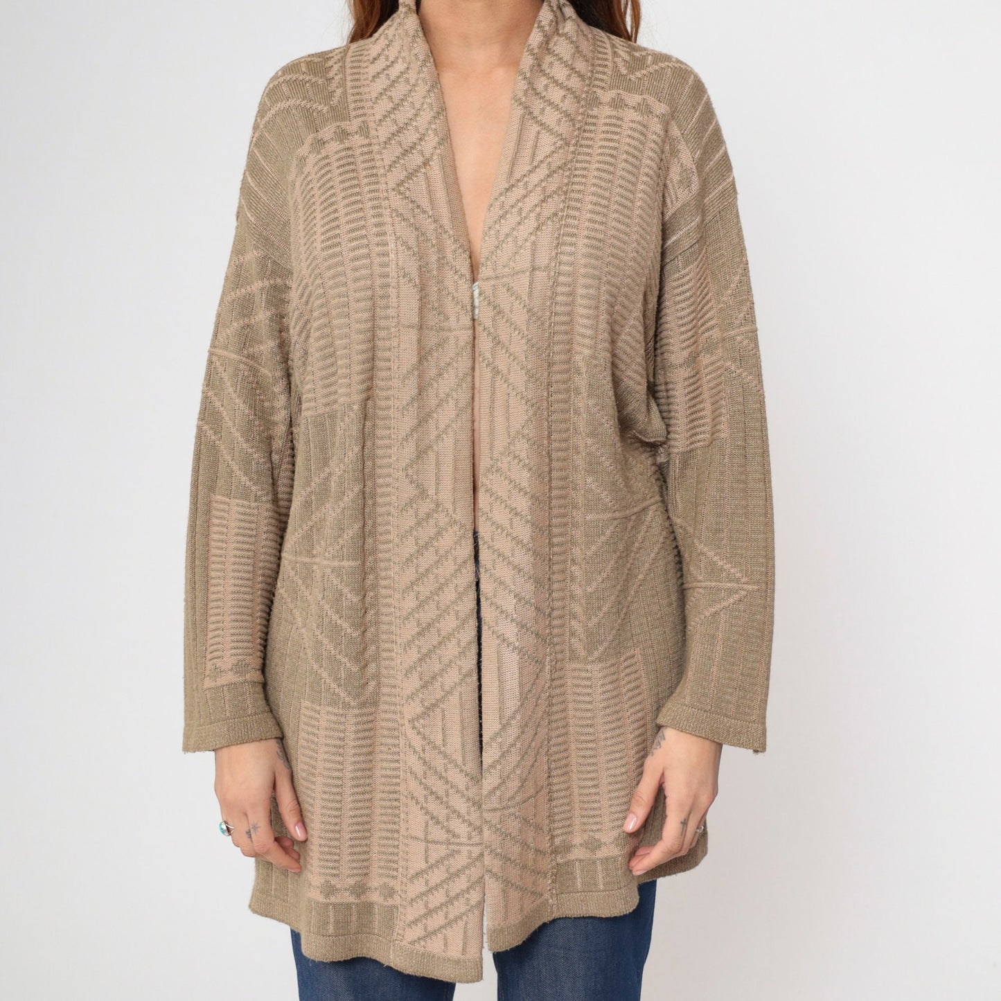 90s Tan Geometric Wrap Cardigan Sweater Medium