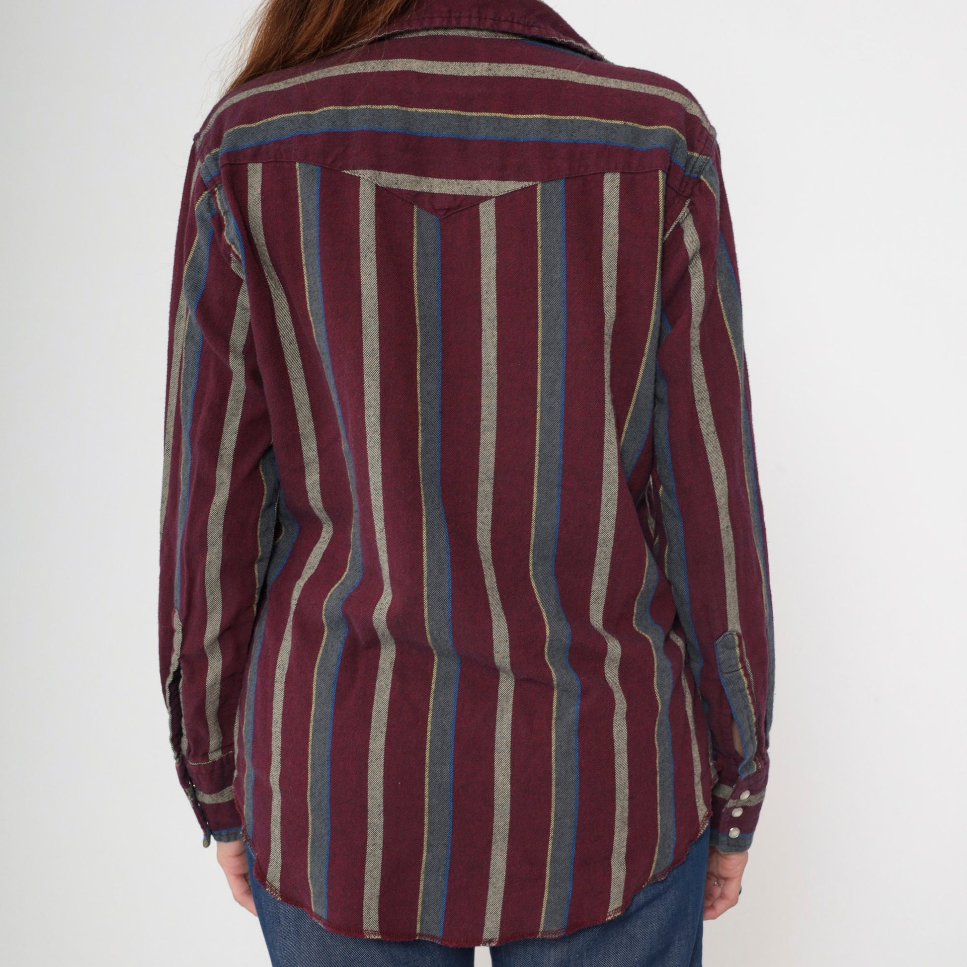 90s Wrangler Pearl Snap Western Shirt Burgundy Striped Medium