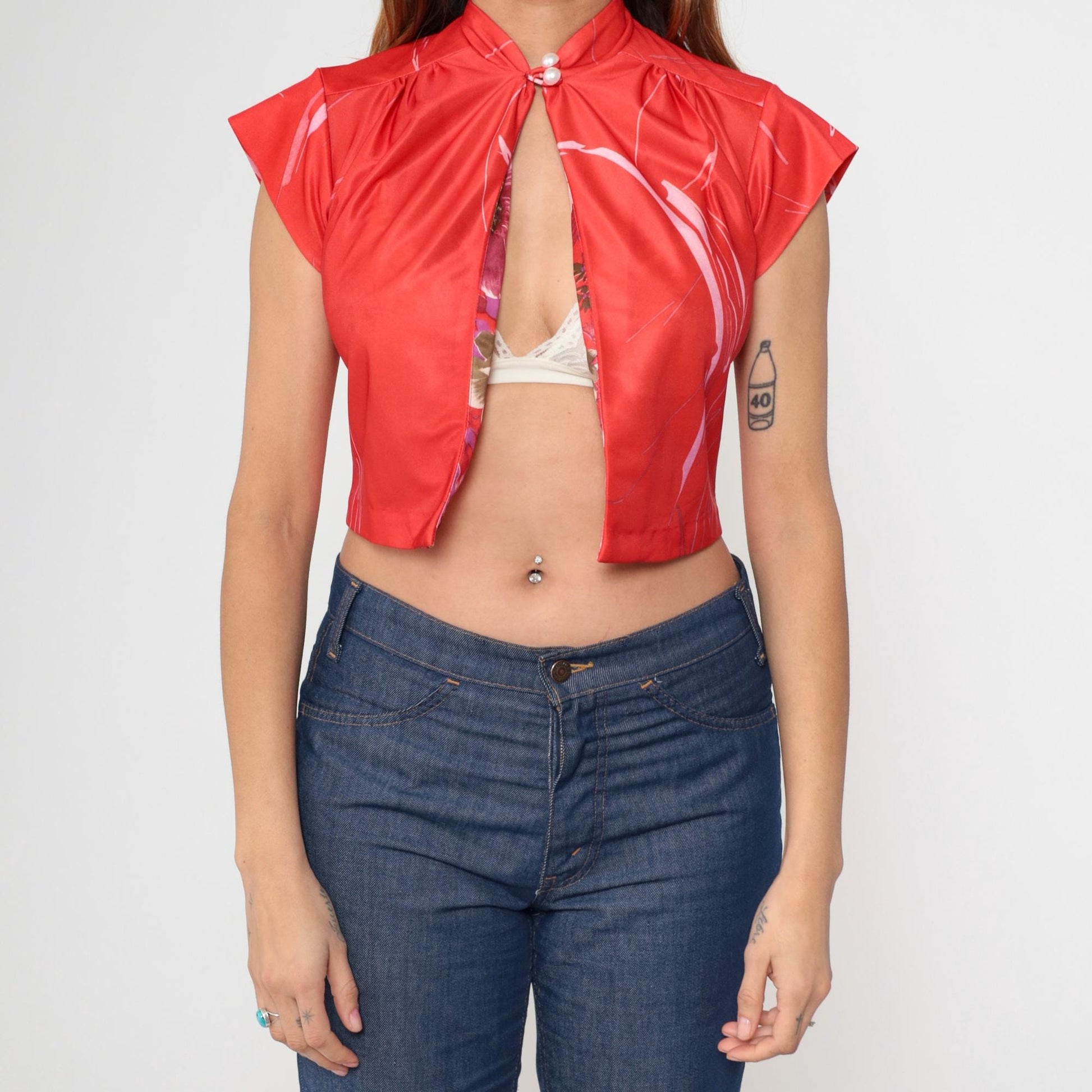 70s Red Floral Crop Top Mandarin Collar Pearl Button Shirt Small S