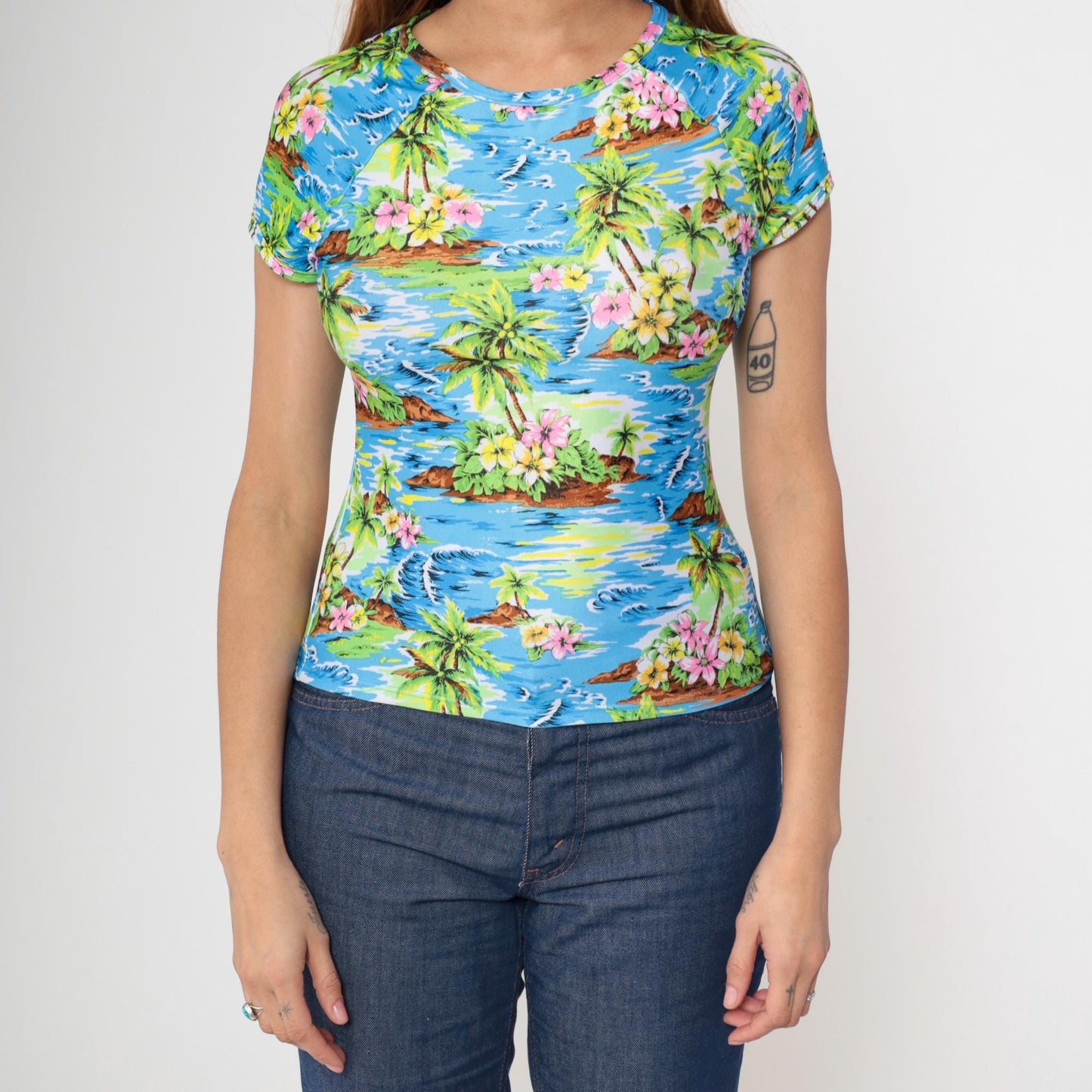 90s Hawaiian Tropical Floral Raglan Baby Tee Medium
