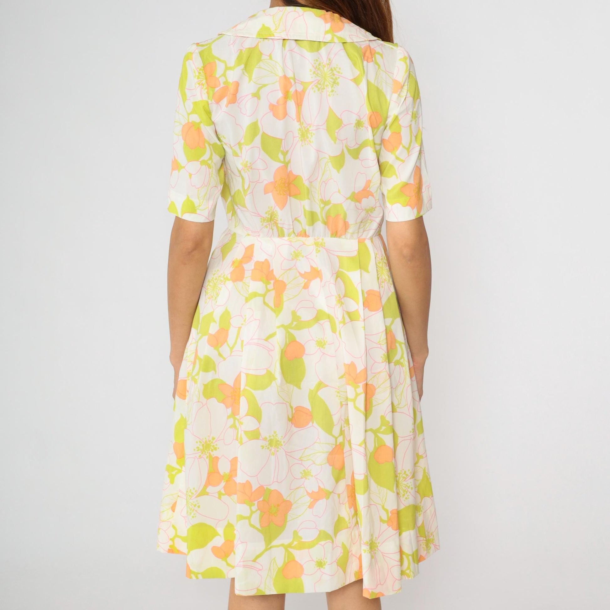 60s White Floral Day Dress High Waisted Front Zipper Pleated Knee Length Medium