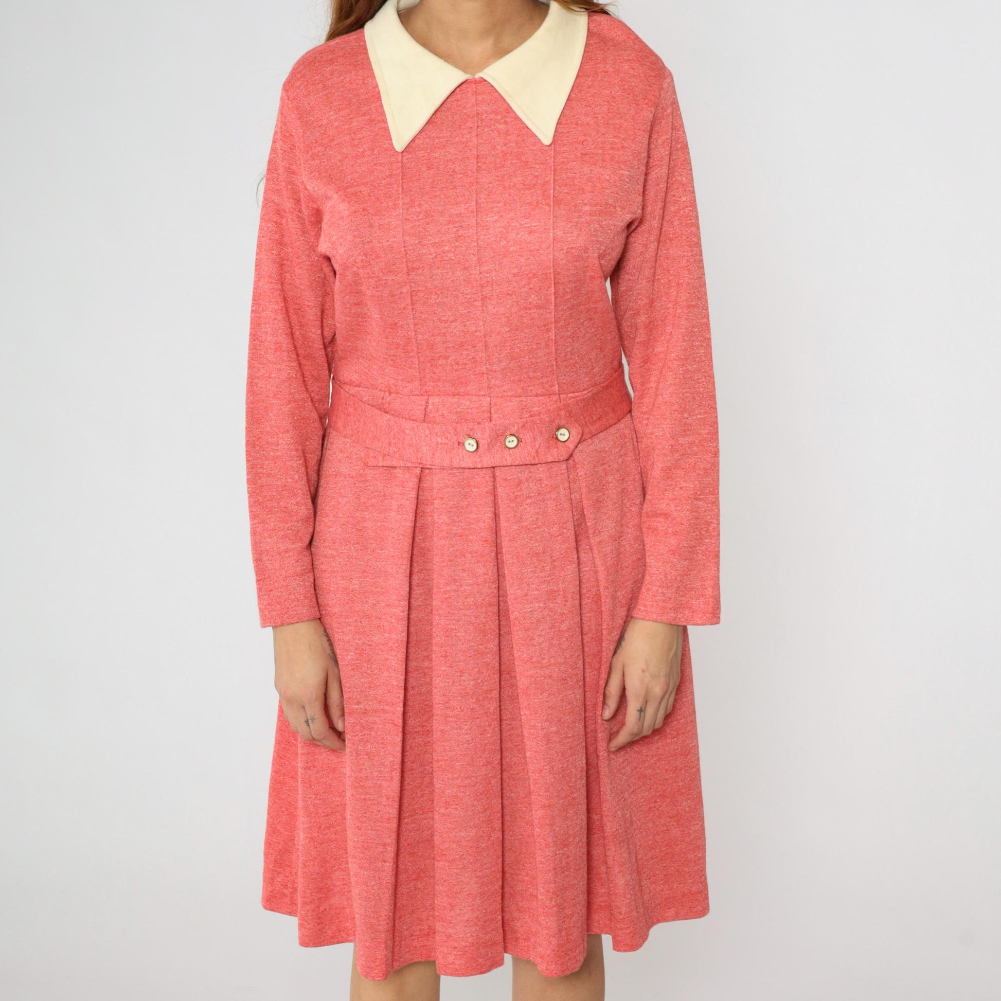 70s Mod Dress Pink Pleated Midi High Waist Contrast Collar Long Sleeve Large L