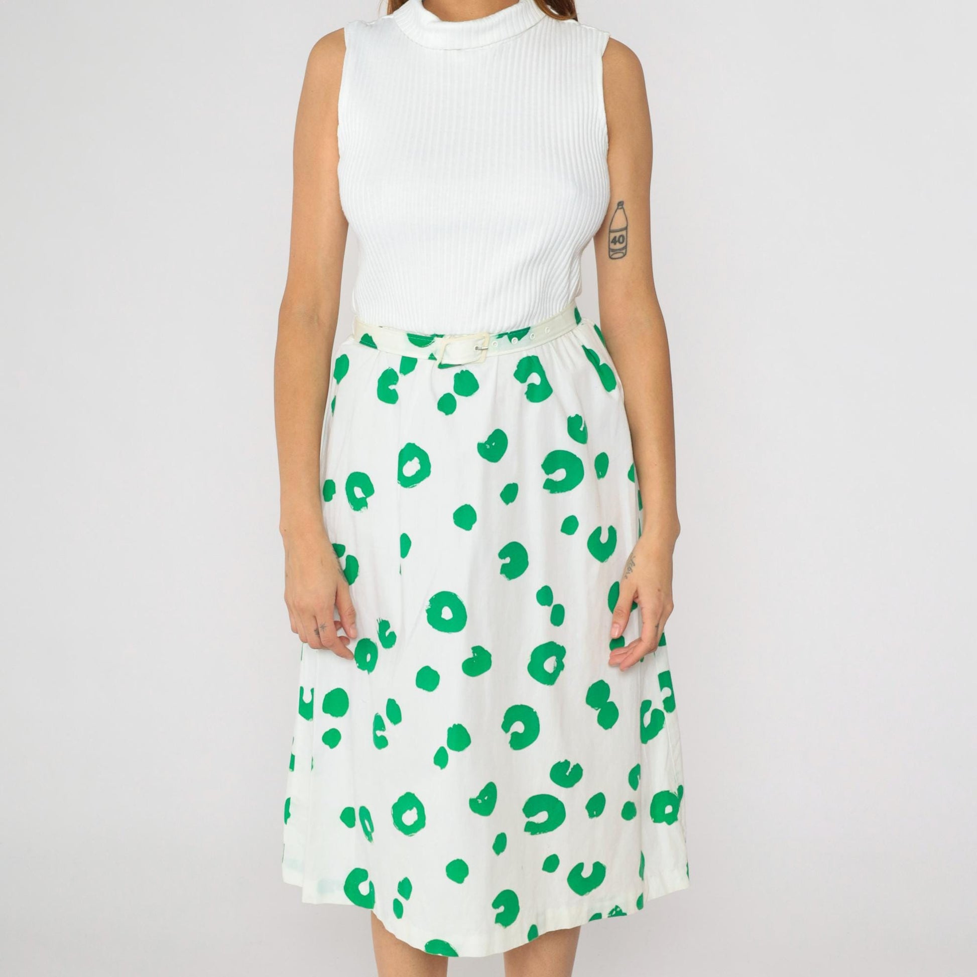 80s White Green Dot Midi Dress Mock Neck High Waist Belted Small