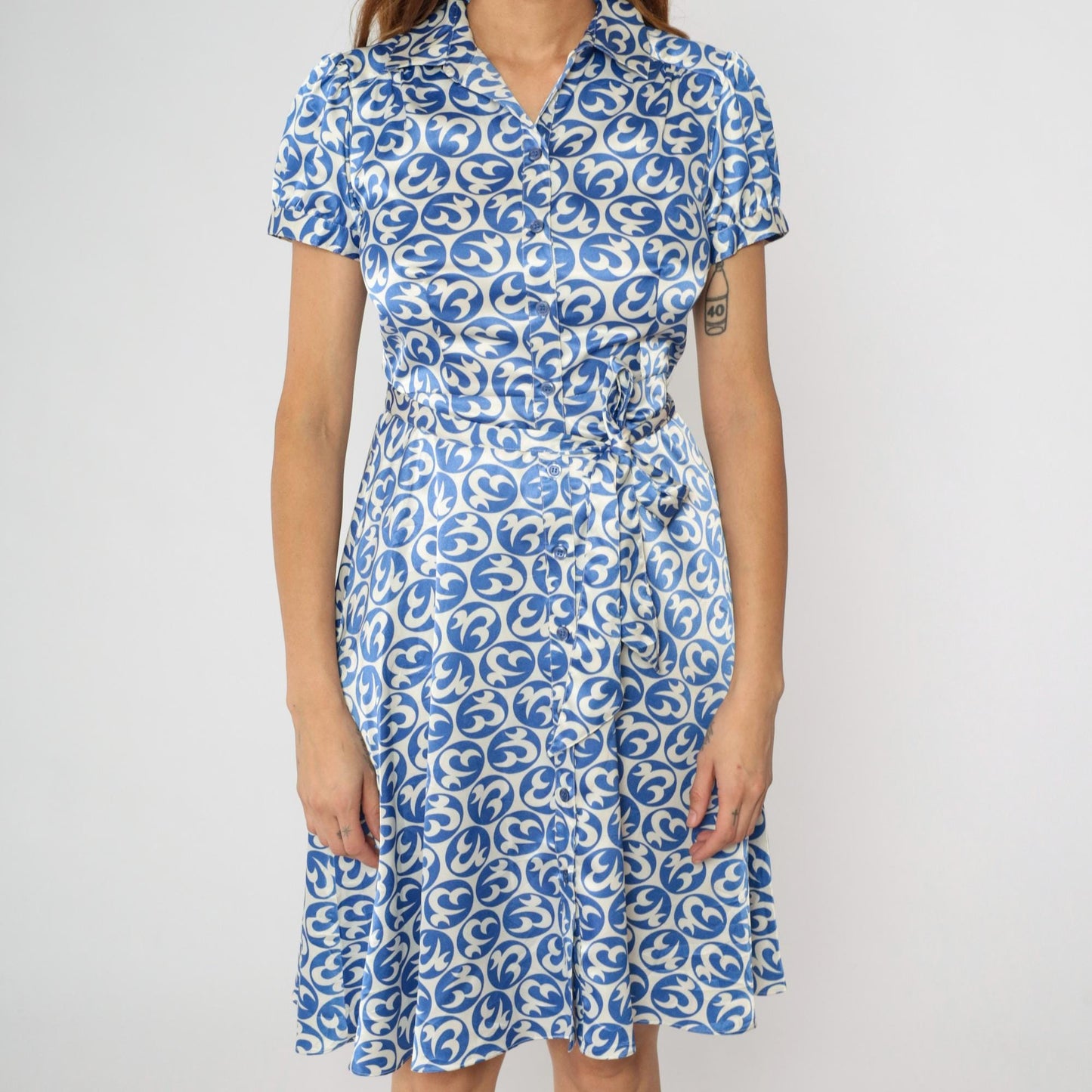 80s JG Hook Blue White Geometric Midi Shirt Dress Puff Sleeve Button Front Small