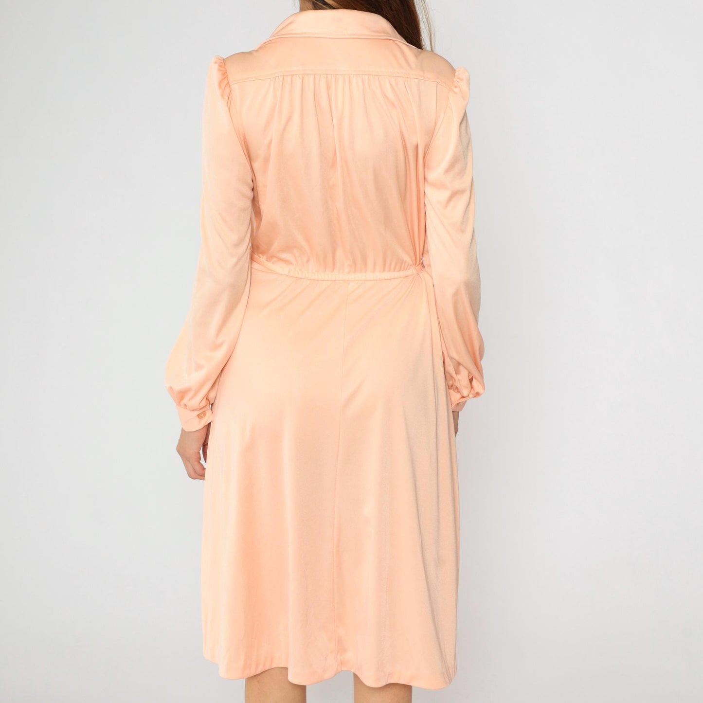 70s Peach Midi Dress Puff Sleeve Collared V-Neck High Waist Tie Side Medium