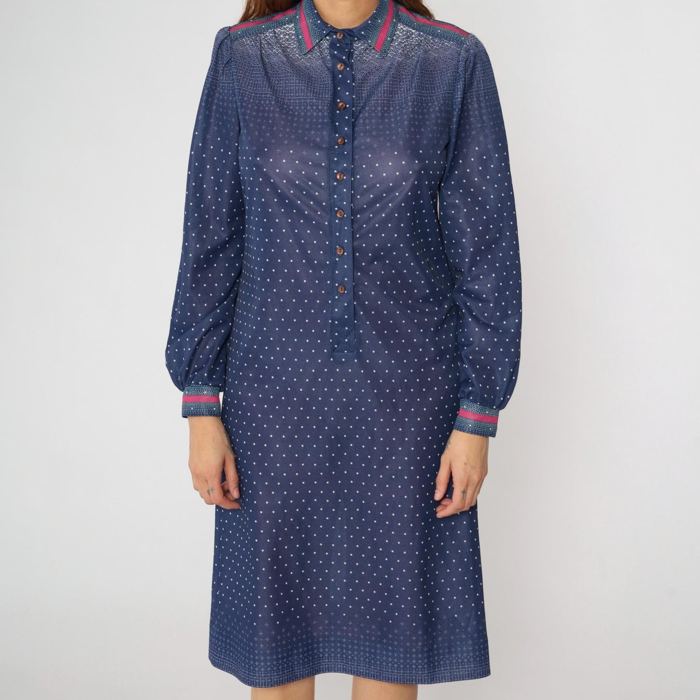 70s Dark Blue Polka Dot Shirtdress Midi Puff Sleeve Collared Button-Up Medium