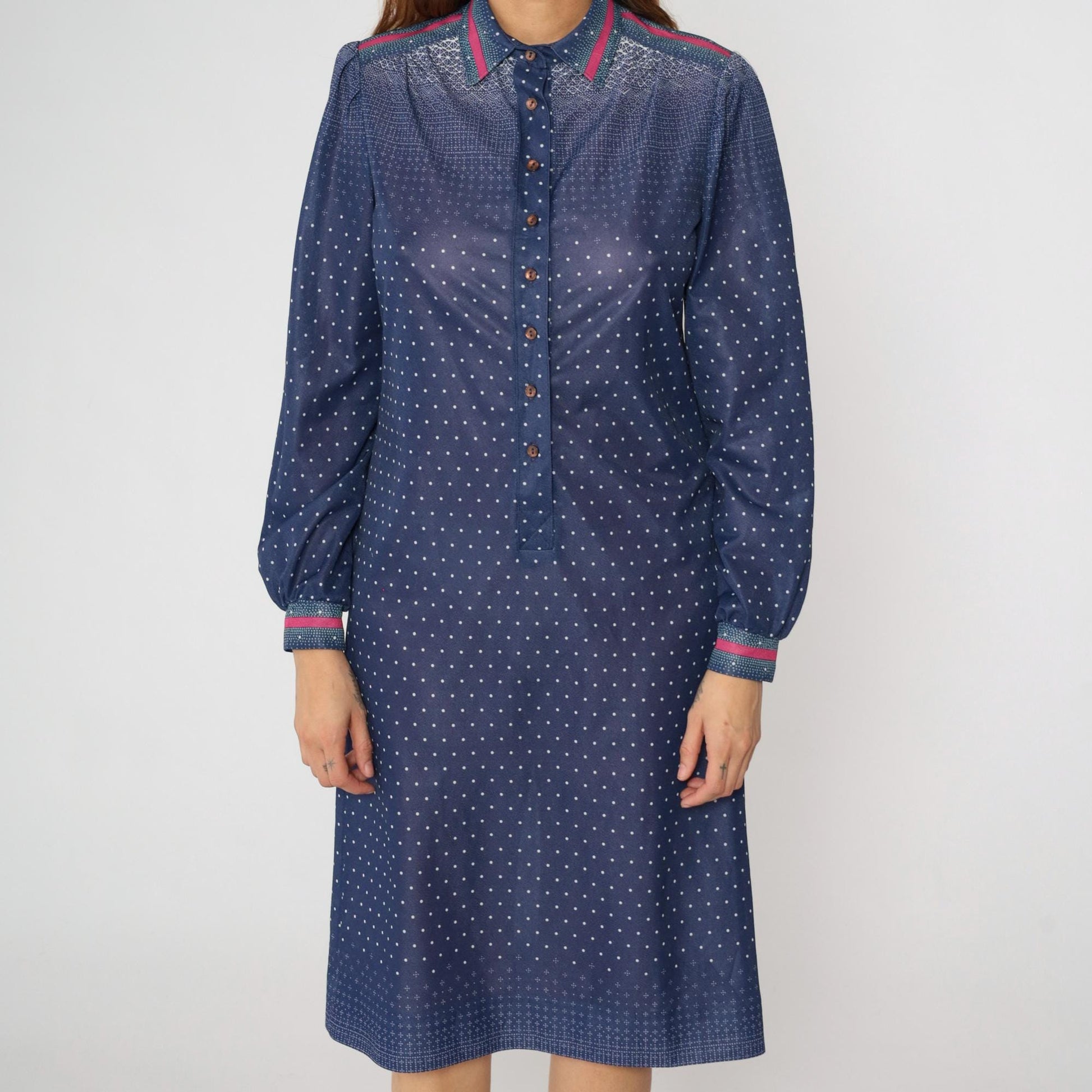70s Dark Blue Polka Dot Shirtdress Midi Puff Sleeve Collared Button-Up Medium