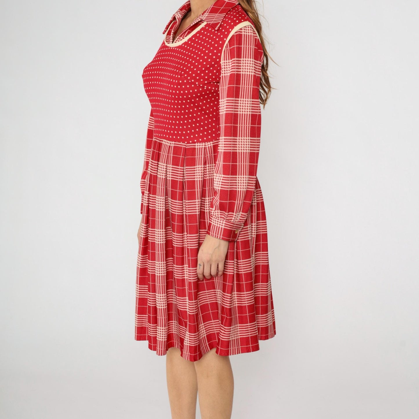 70s Plaid Polka Dot Dress Red High Waist Pleated Vest Midi Medium