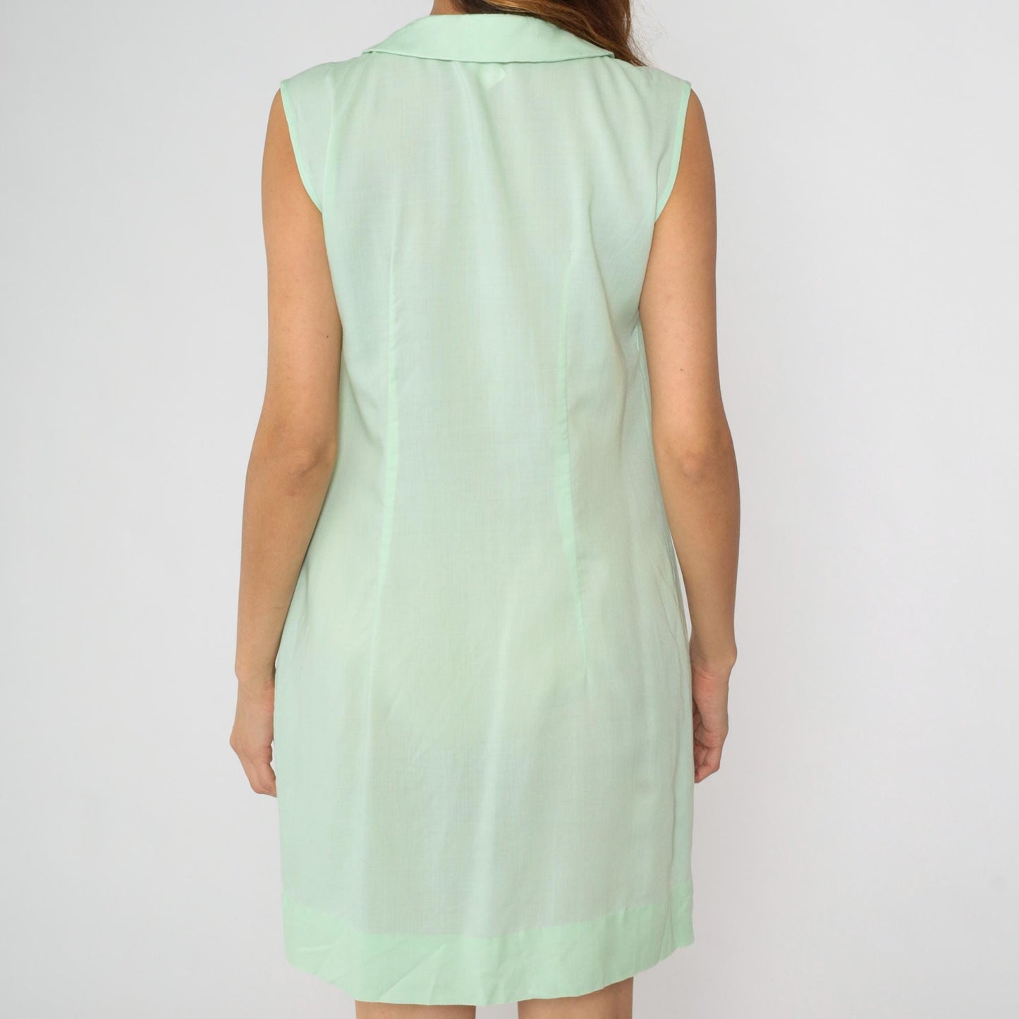 60s Mint Green Peter Pan Collar Mini Dress Sleeveless Button Front Medium