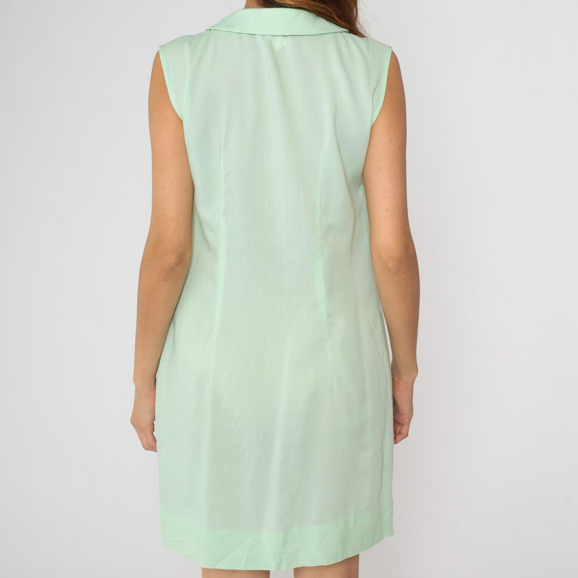 60s Mint Green Peter Pan Collar Mini Dress Sleeveless Button Front Medium