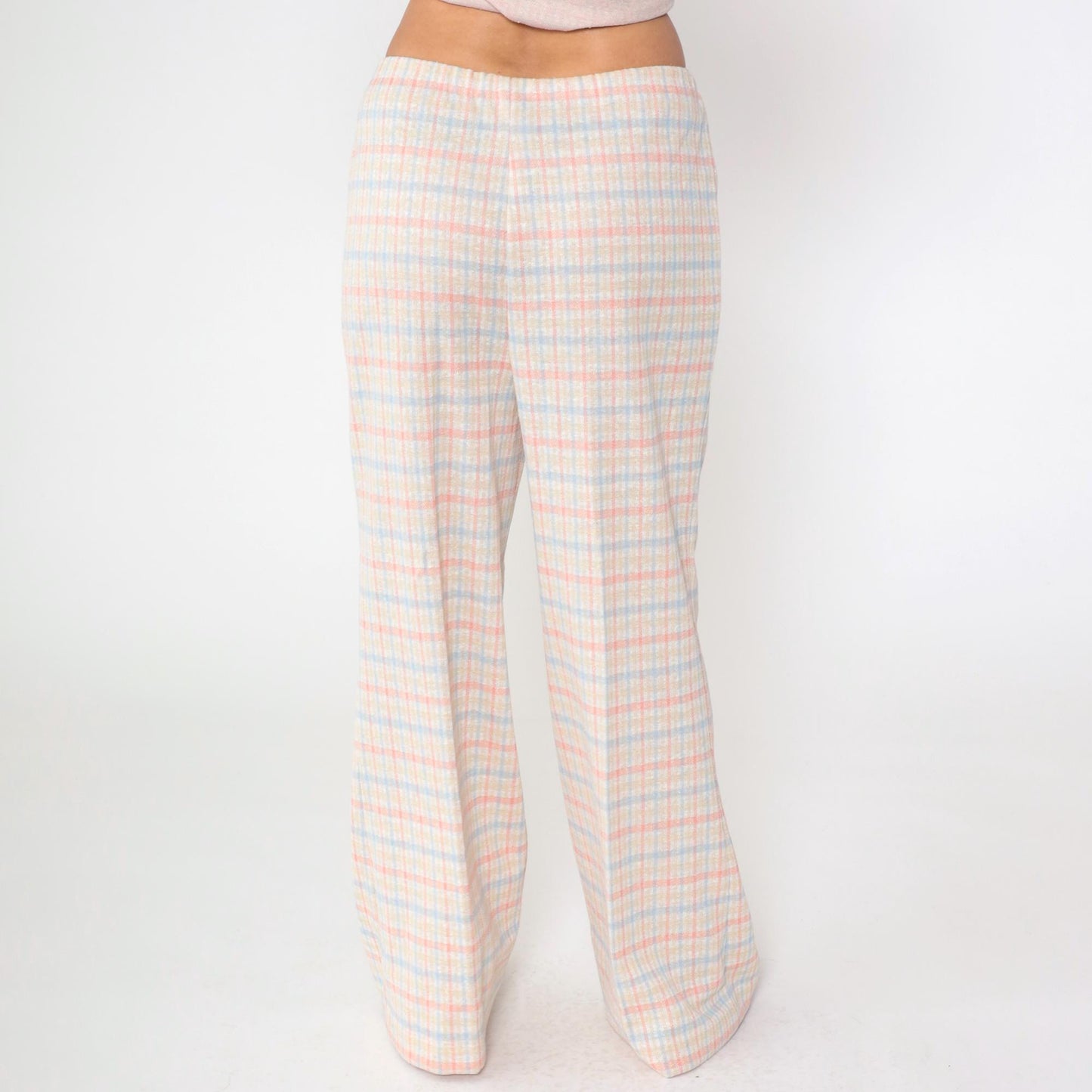 70s Pink Blue Checkered Two Piece Set Wide Leg Pants Blouse Large L
