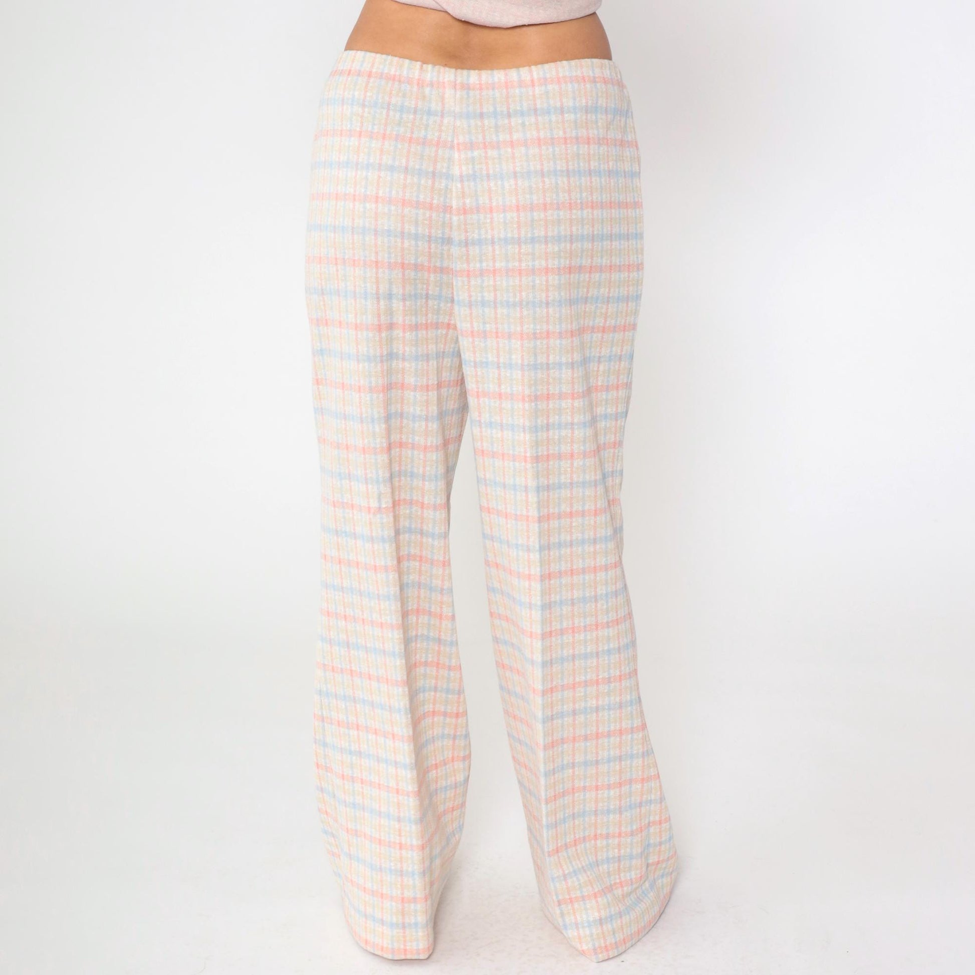 70s Pink Blue Checkered Two Piece Set Wide Leg Pants Blouse Large L