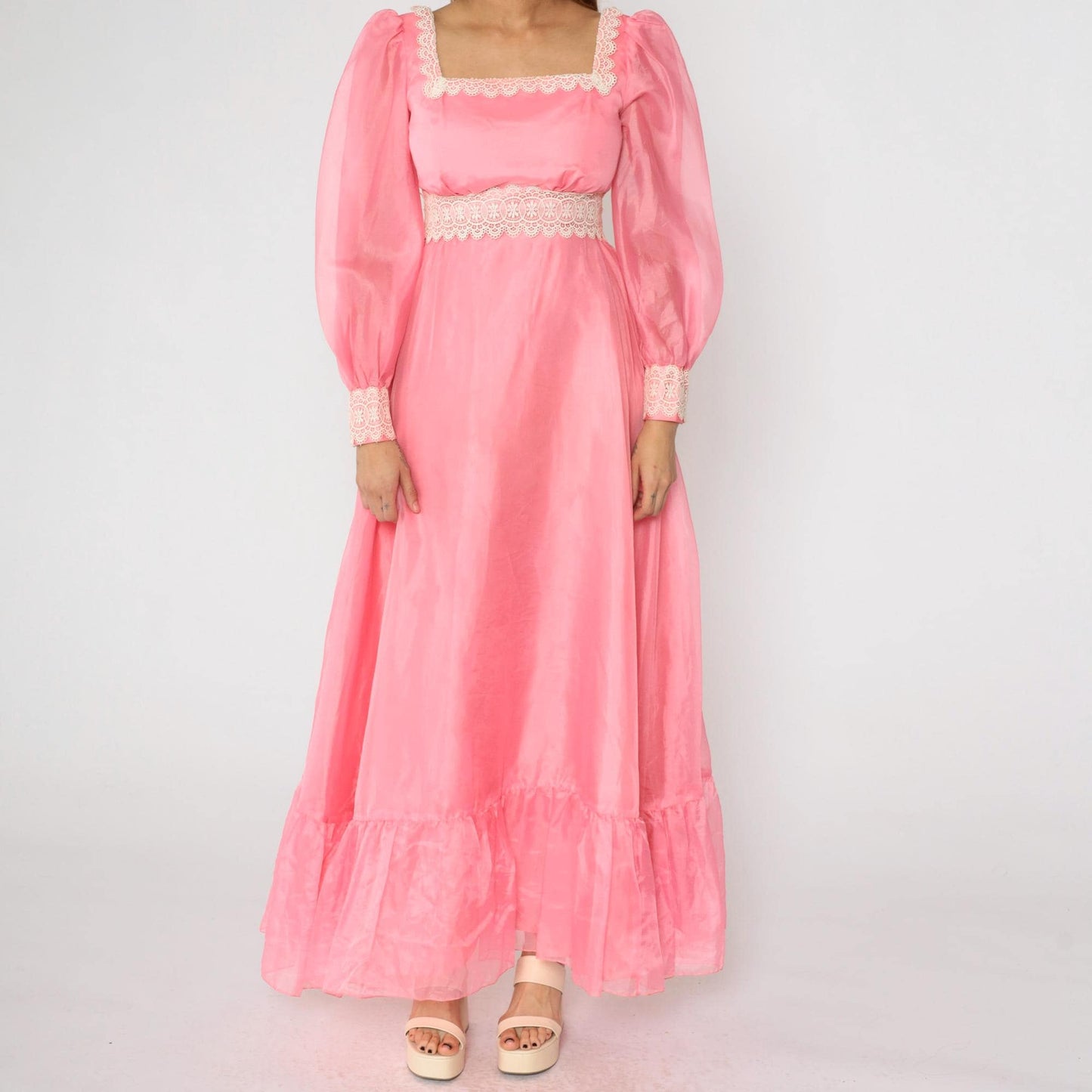 70s Pink Taffeta Evening Gown Puff Sleeve Square Neck Empire Waist Small