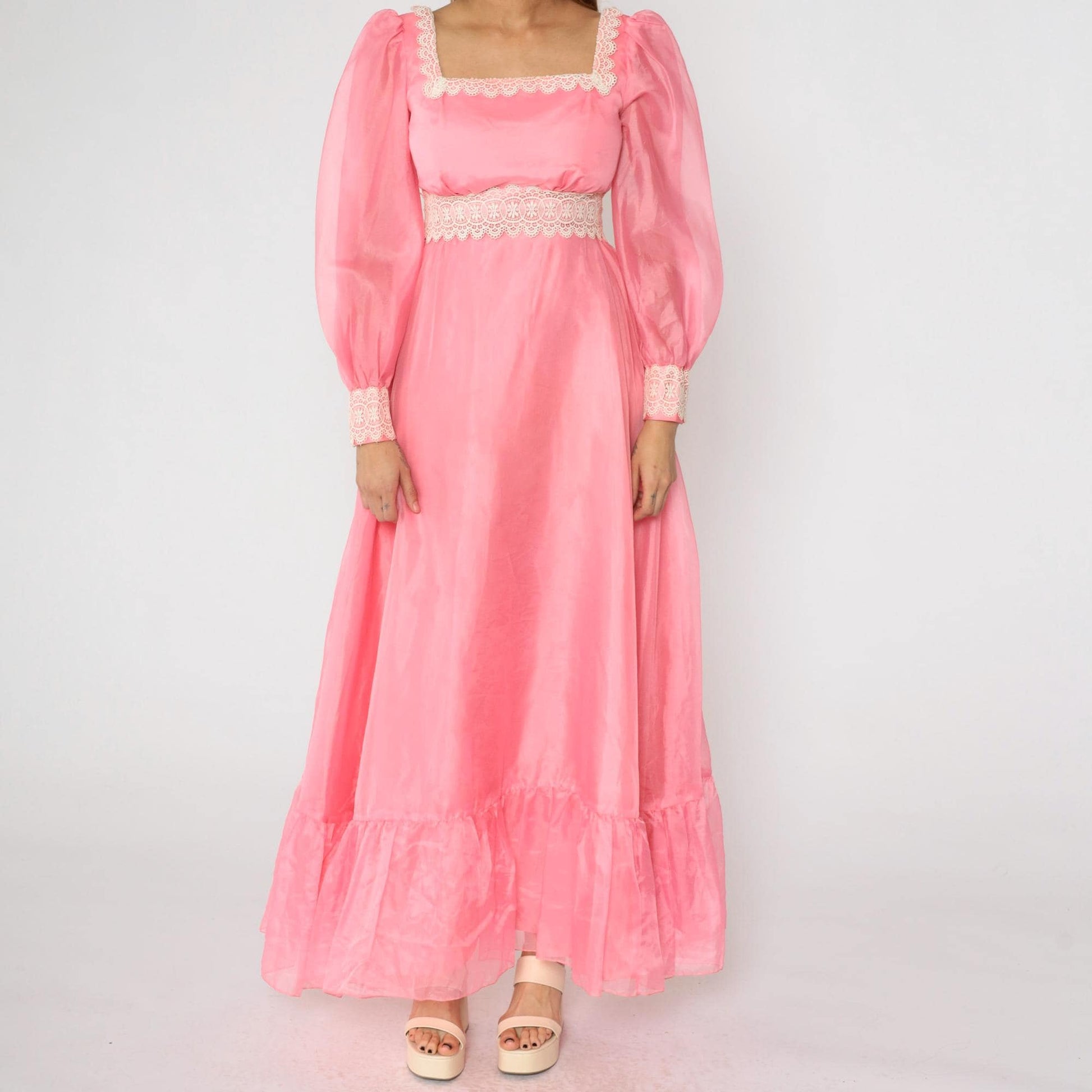70s Pink Taffeta Evening Gown Puff Sleeve Square Neck Empire Waist Small