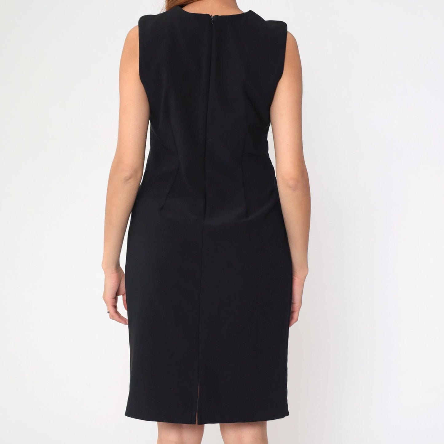 90s Black Sheath Dress Sleeveless Knee-Length Shift Dress Medium 10