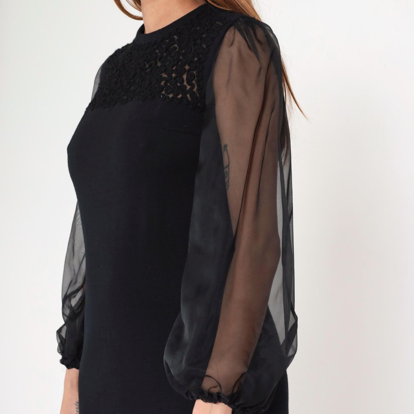 60s R & K Knits Black Sheath Dress Soutache Organza Sleeves Small