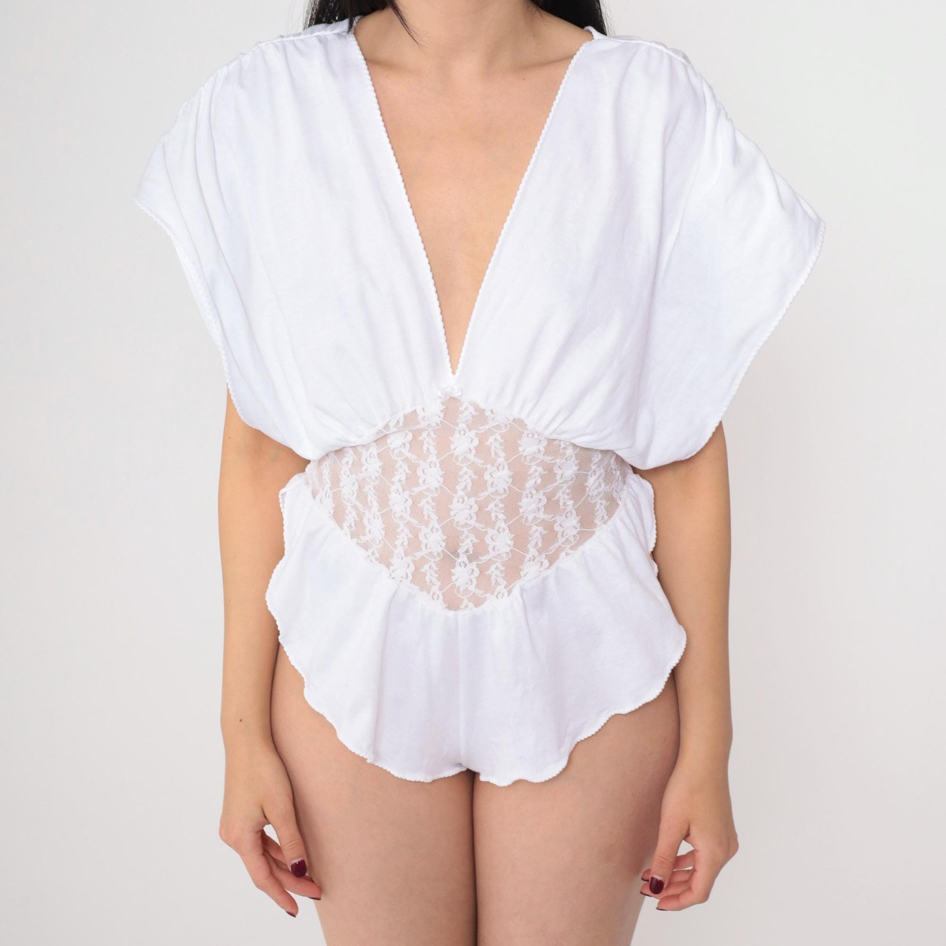 80s White Lace Teddy Bodysuit Deep V Plunge Open Back Medium