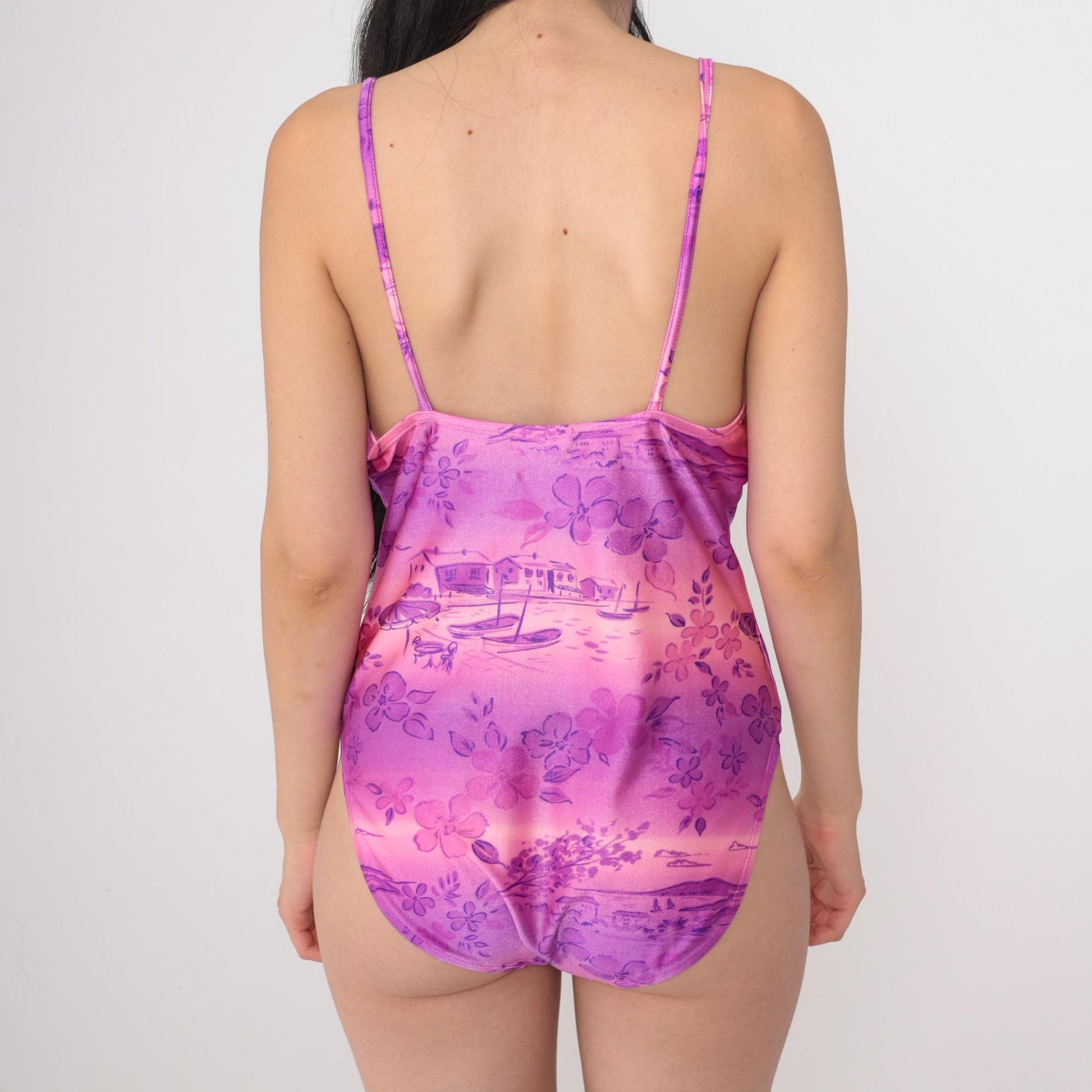 90s Islander Tropical Floral One-Piece Swimsuit Purple Pink Ombre Large