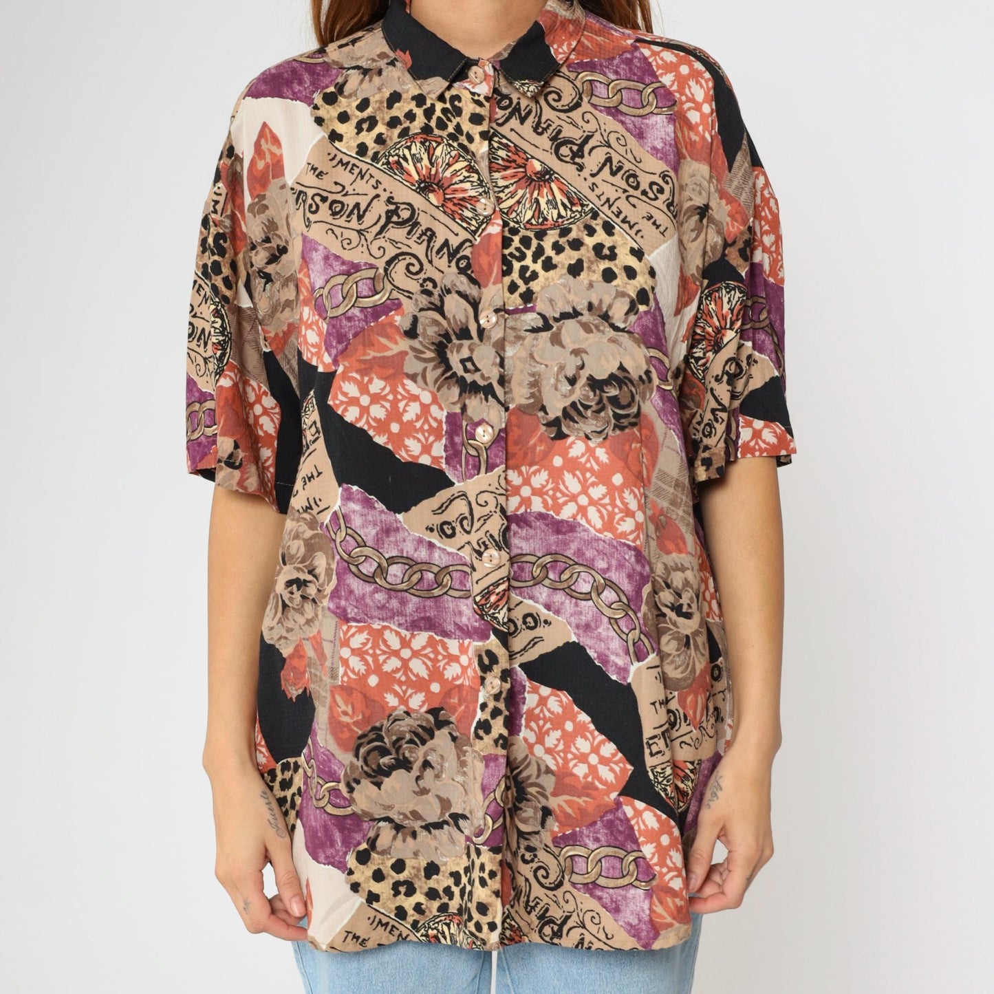 90s Caliche Mixed Print Button Up Blouse Floral Leopard Chain Coral Taupe Large L
