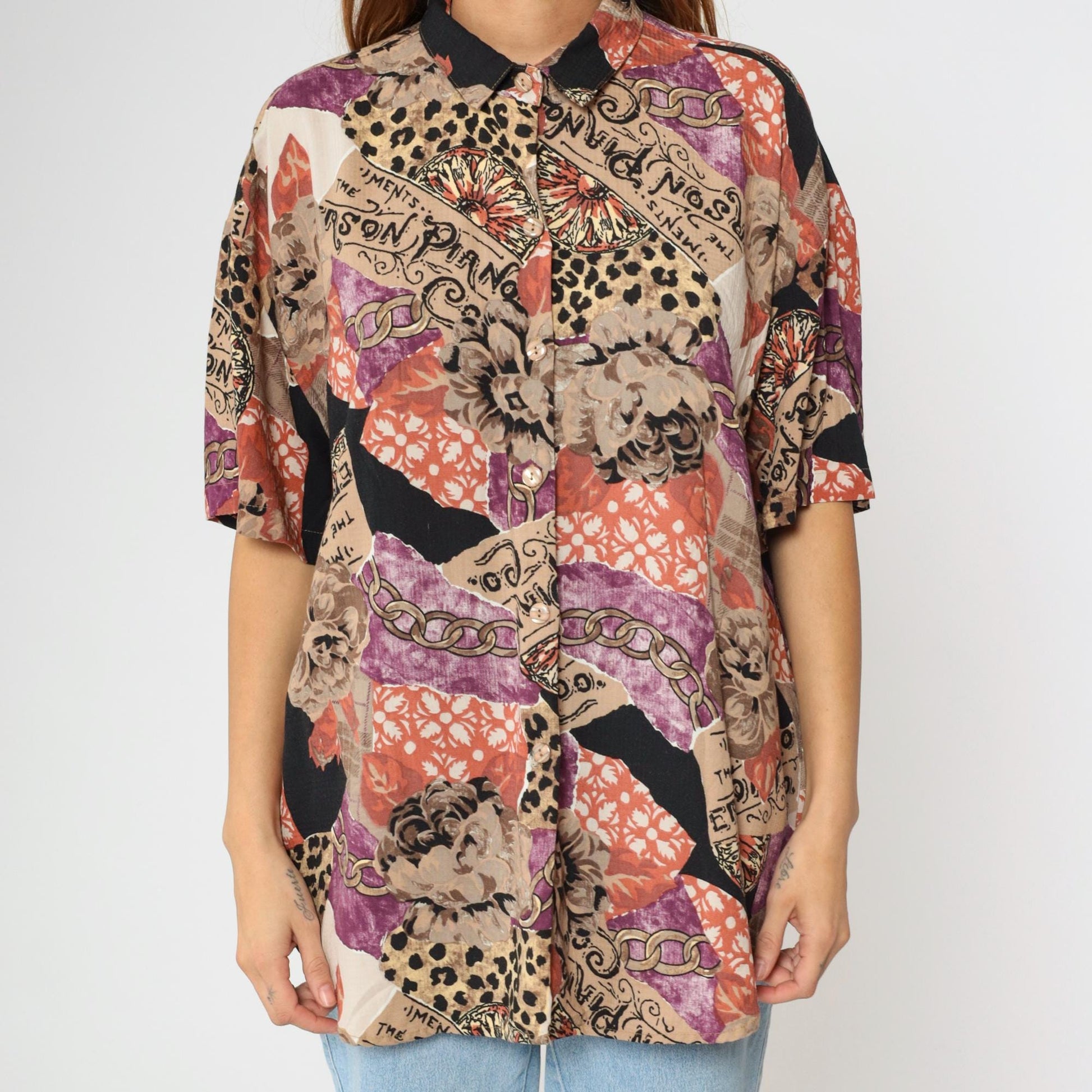 90s Caliche Mixed Print Button Up Blouse Floral Leopard Chain Coral Taupe Large L