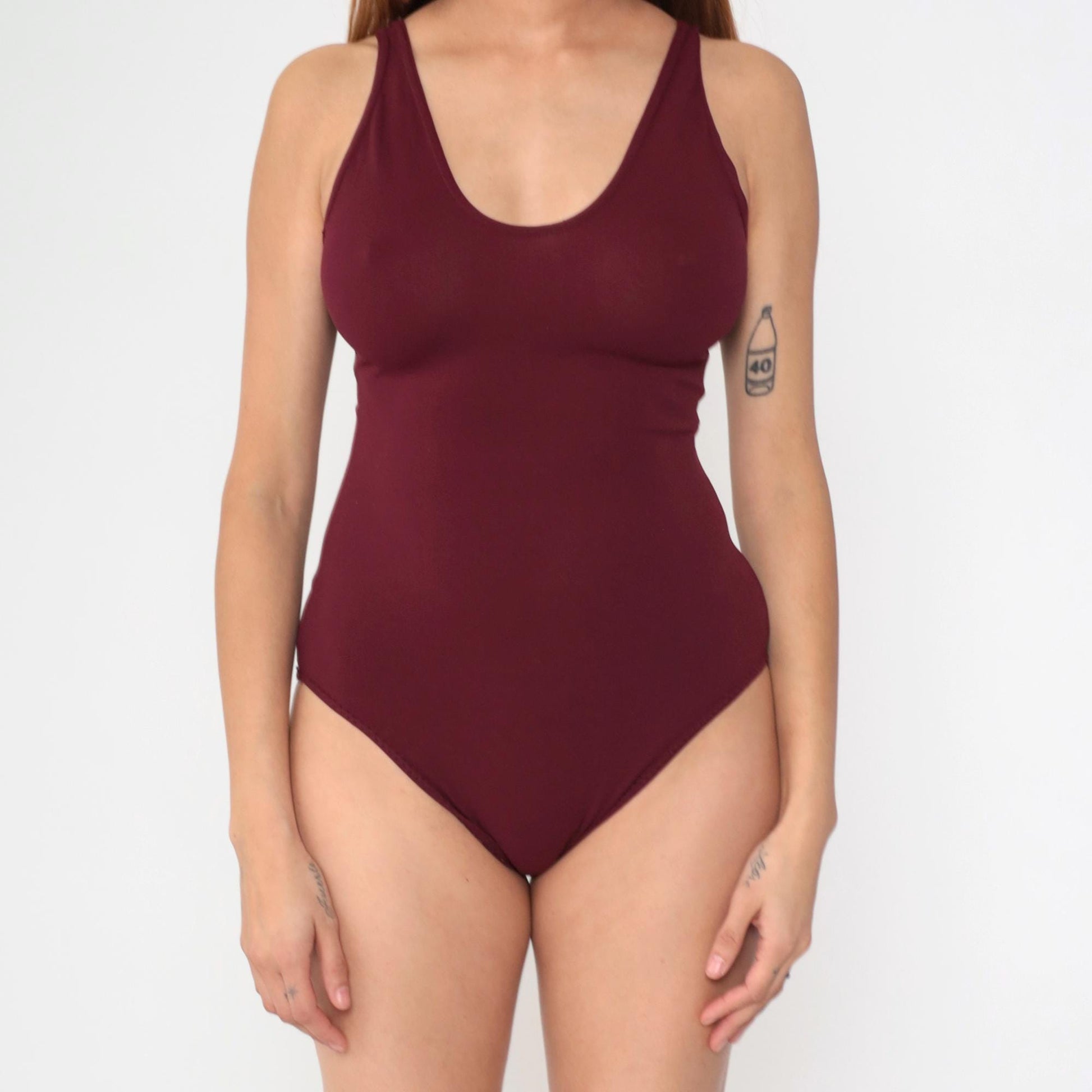 80s Burgundy Sleeveless Leotard Scoop Neck Bodysuit Small Medium