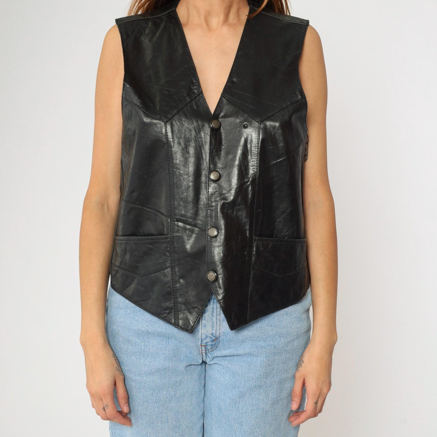90s Black Leather Biker Vest Snap Front V Neck Sleeveless Medium