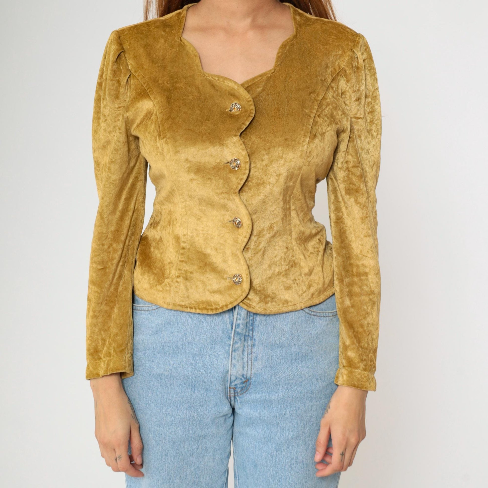 80s Betty Barclay Gold Velour Blouse Puff Sleeve Scalloped Button Medium