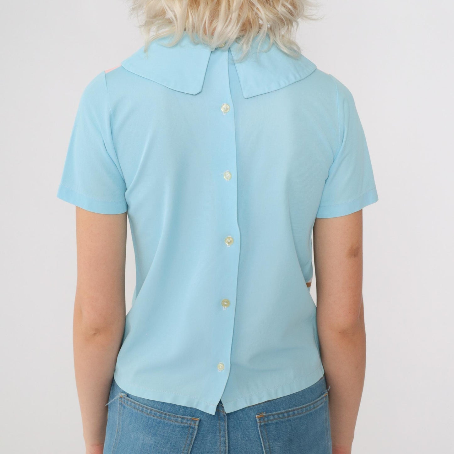 60s Striped Blouse Pilgrim Collar Tassel Neckline Blue Pink Brown Extra Small